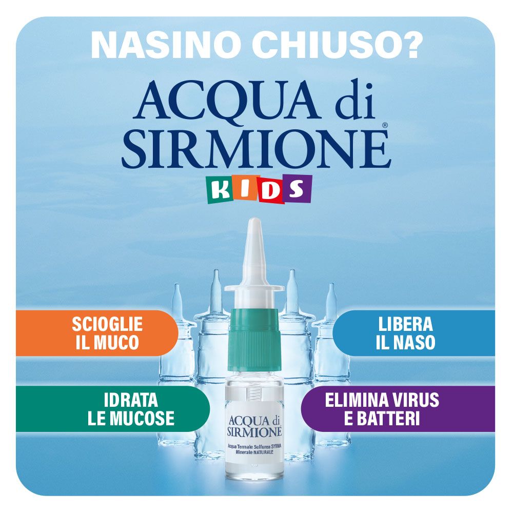 Flacone con nebulizzatore nasale. Scritto: Acqua di Sirmione Kids. Testo: Scioglie il muco, libera il naso, idrata le mucose.