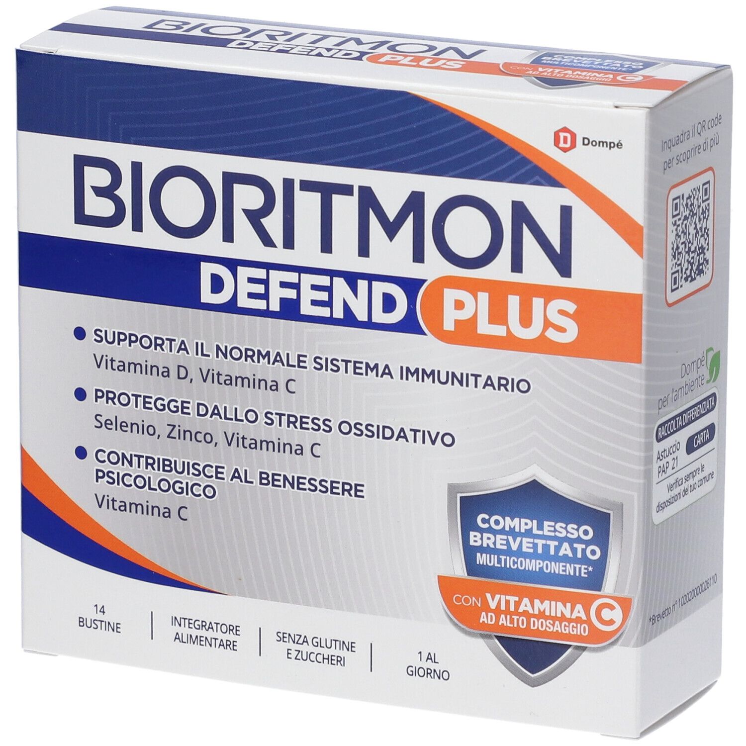Confezione di BIORITMON DEFEND PLUS. Contiene 14 bustine. Scatola bianca e blu con informazioni e logo del prodotto.