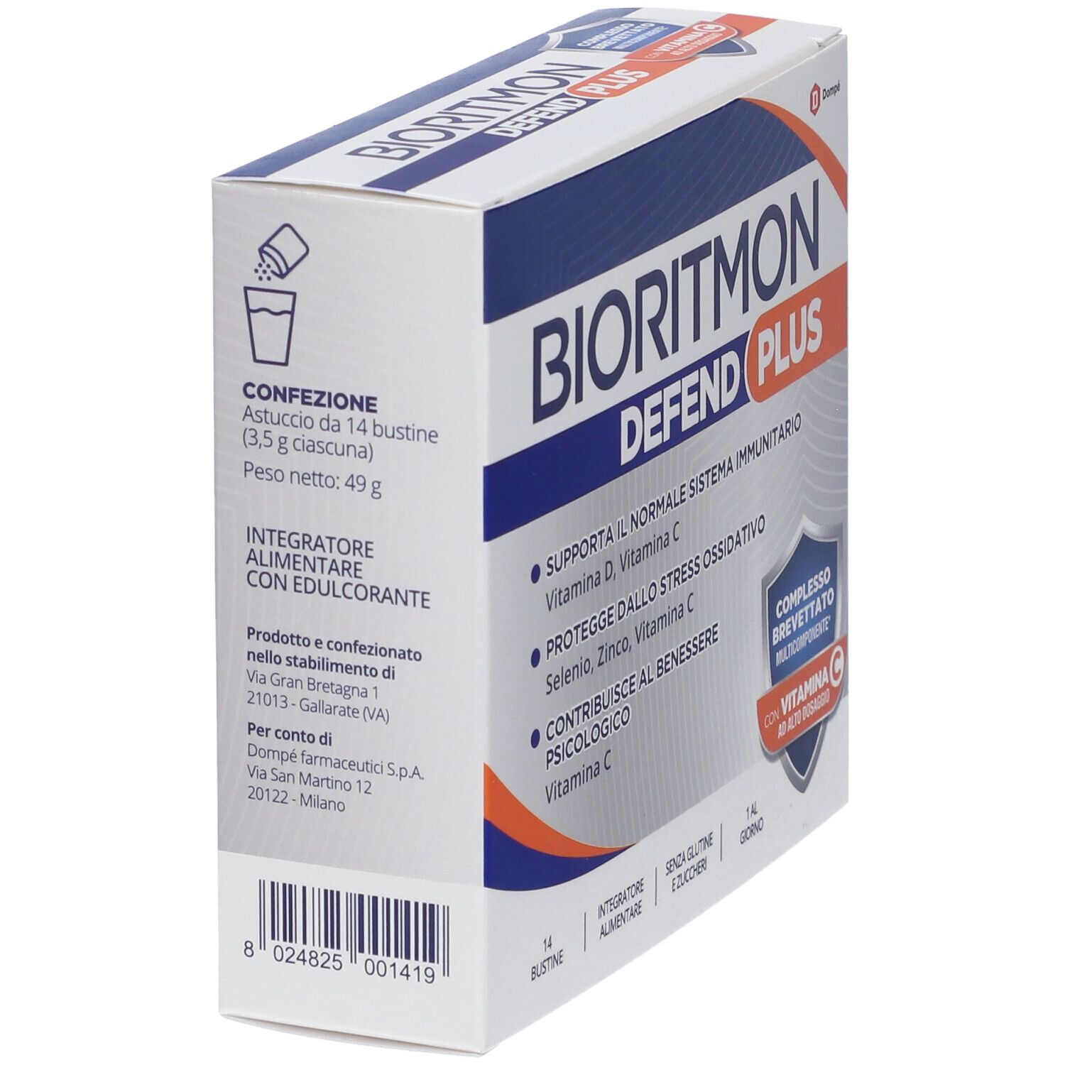 Vista angolata della confezione BIORITMON DEFEND PLUS. Mostra informazioni, logo e numero di bustine.