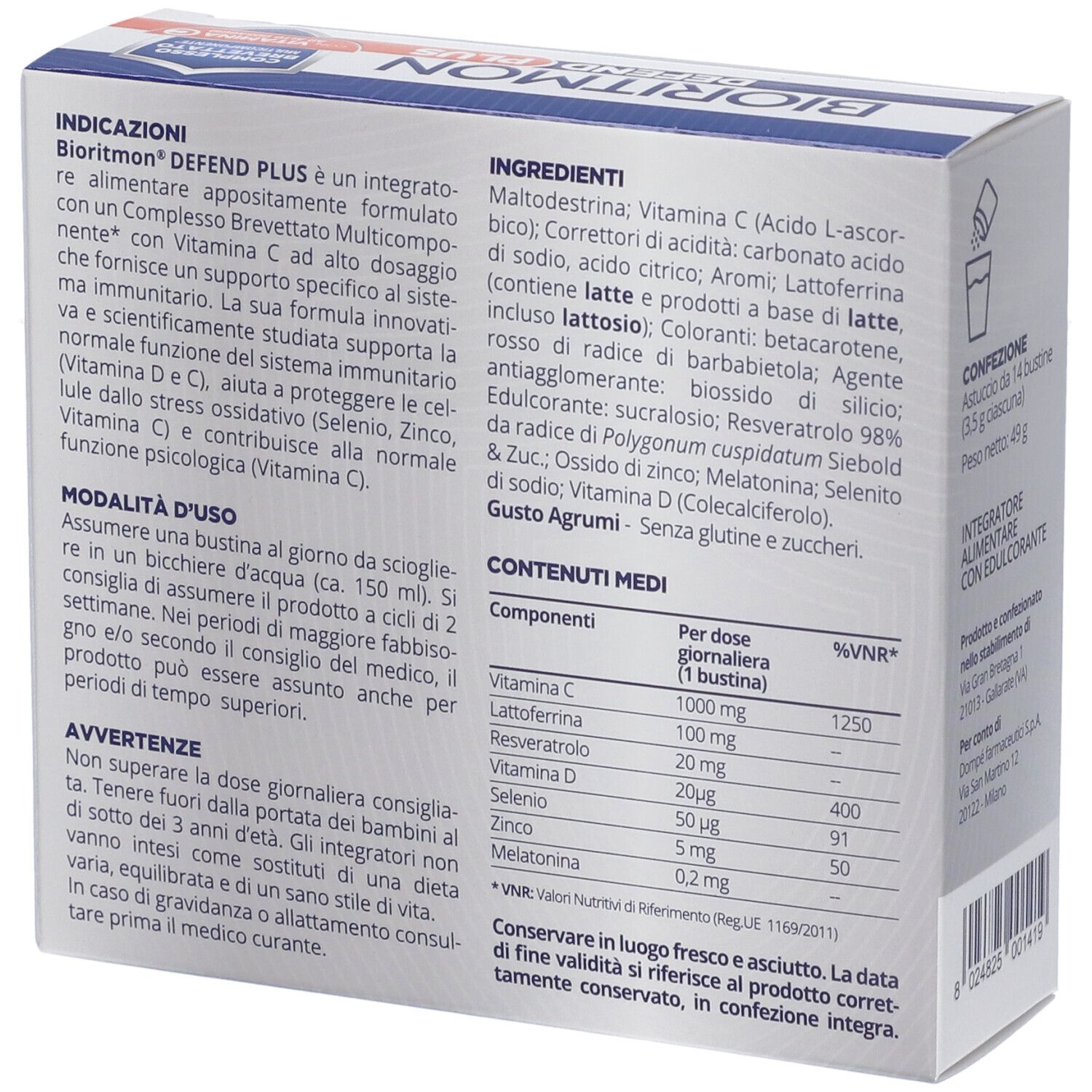 Retro della confezione BIORITMON DEFEND PLUS. Contiene ingredienti, istruzioni per l'uso e informazioni nutrizionali.