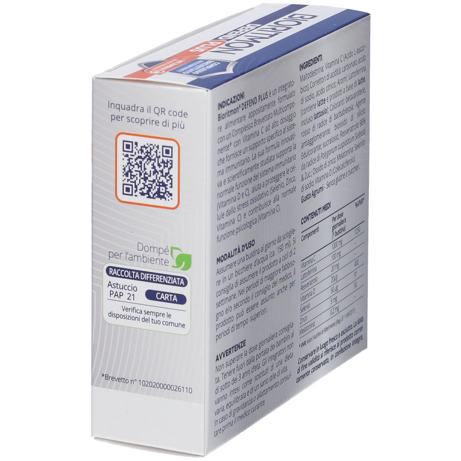 Retro della confezione BIORITMON DEFEND PLUS. Codice QR, istruzioni per il riciclo e informazioni del produttore.