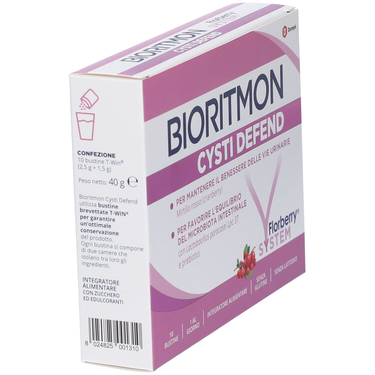 Scatola Bioritmon Cysti Defend, angolata. Rosa e bianca, con nome e dettagli. 10 bustine.