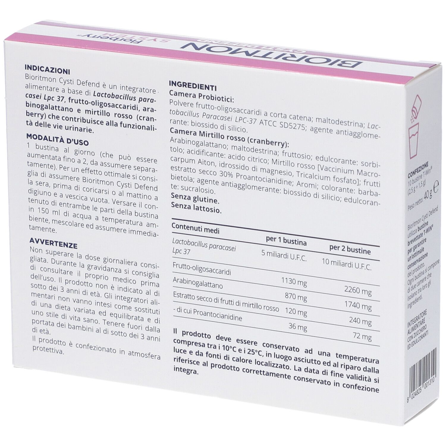 Retro della scatola Bioritmon Cysti Defend. Ingredienti, istruzioni e informazioni nutrizionali. Testo in italiano.