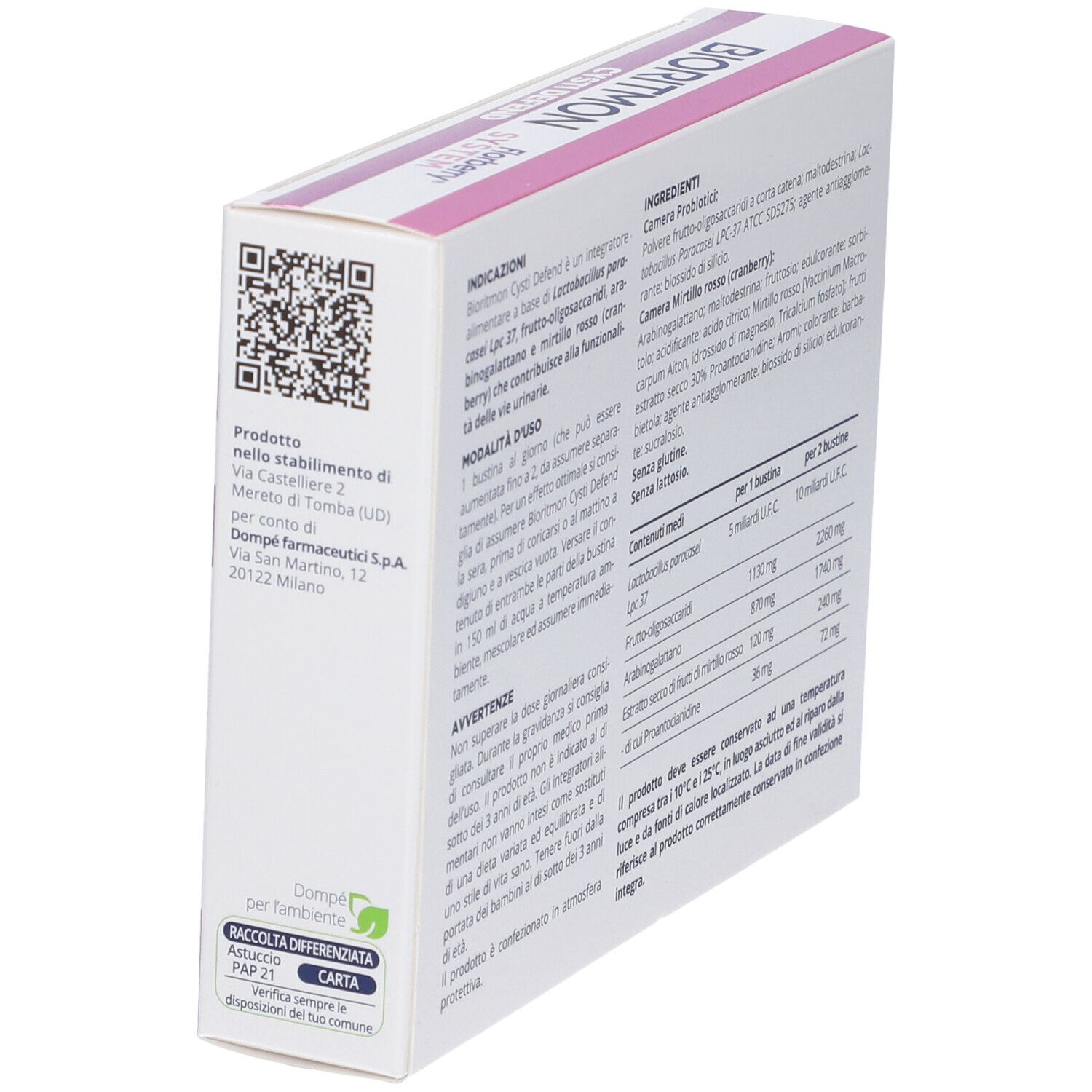 Scatola Bioritmon Cysti Defend, angolata. Retro con ingredienti e informazioni produttore. Testo in italiano.