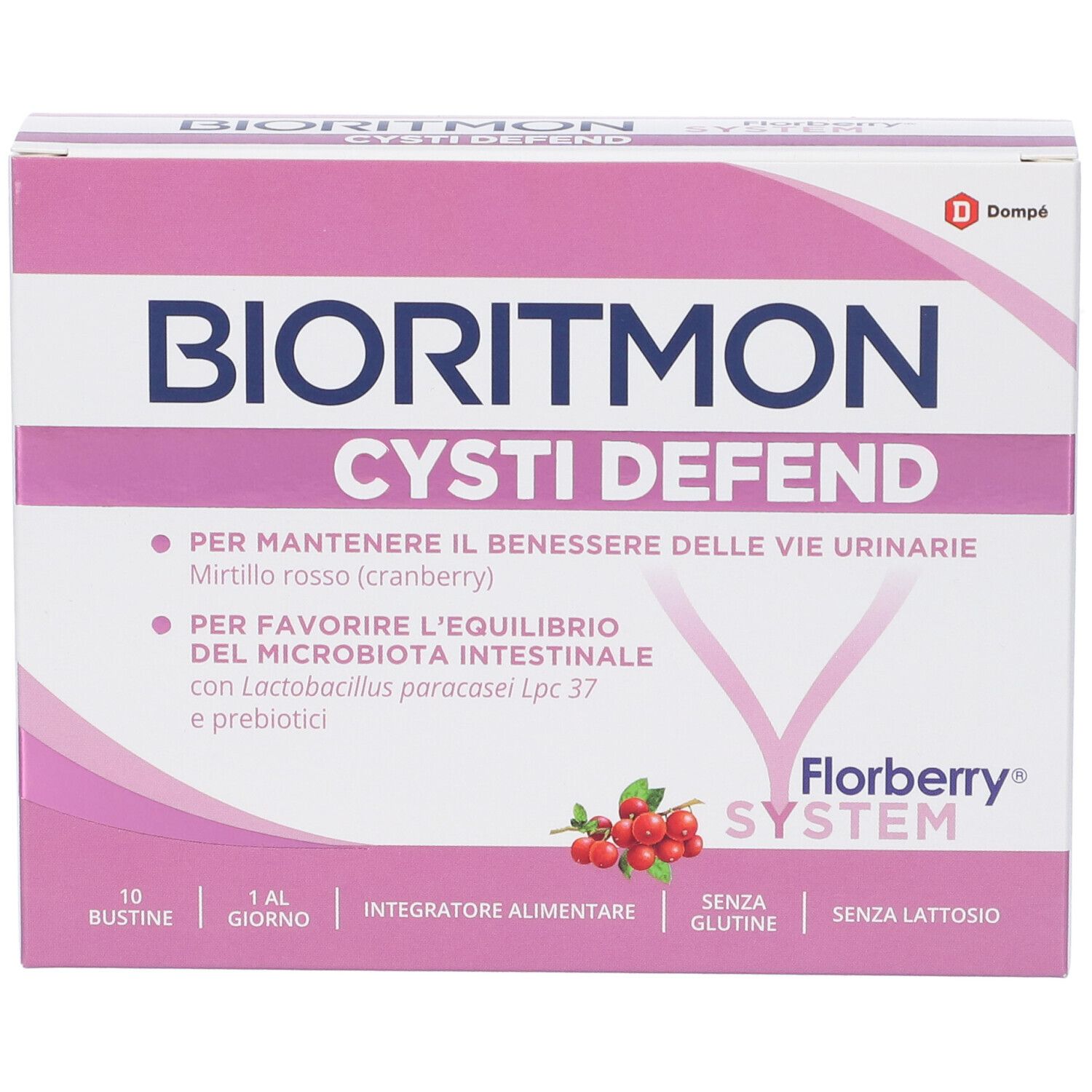 Scatola Bioritmon Cysti Defend. Rosa e bianca, con nome e dettagli. 10 bustine, senza glutine, senza lattosio.