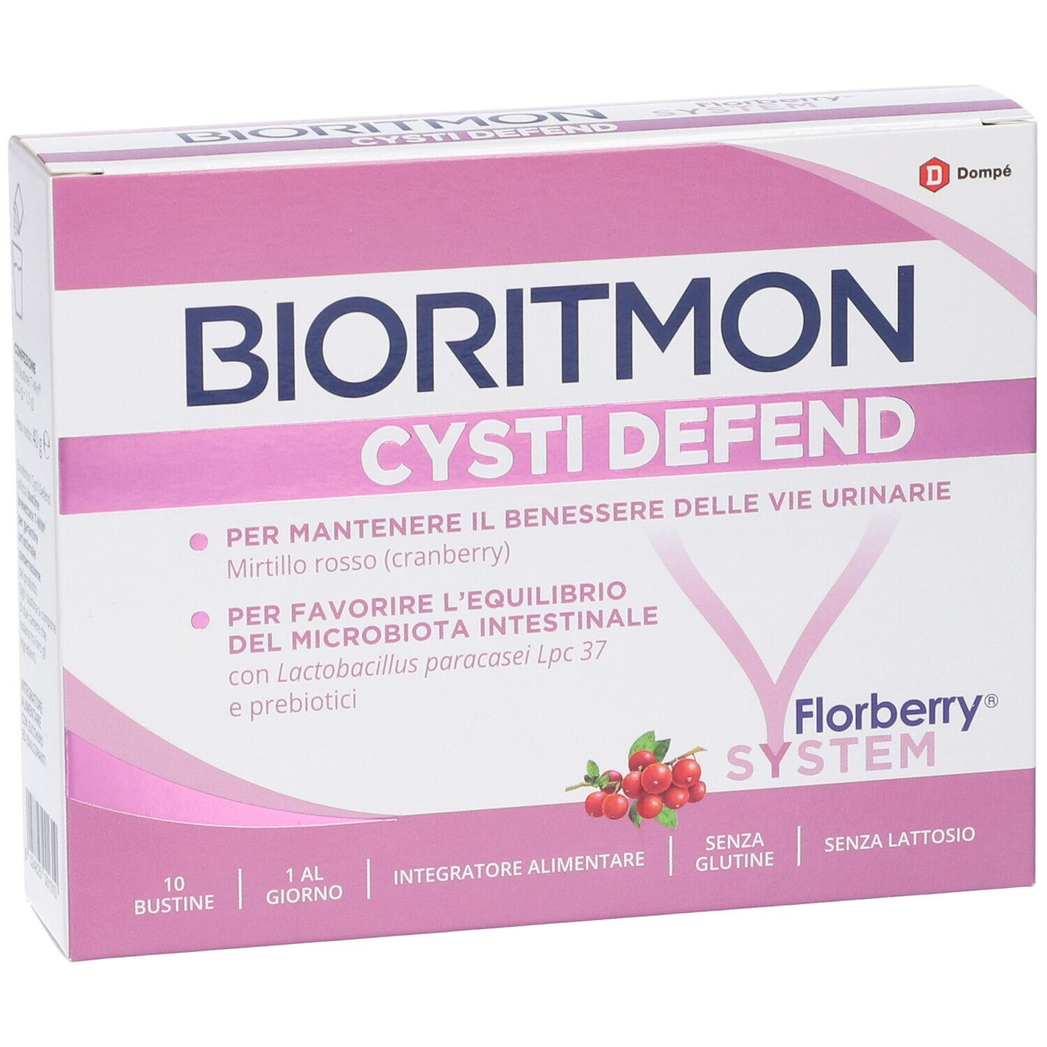 Scatola Bioritmon Cysti Defend. Rosa e bianca, con nome e dettagli. 10 bustine, senza glutine, senza lattosio.