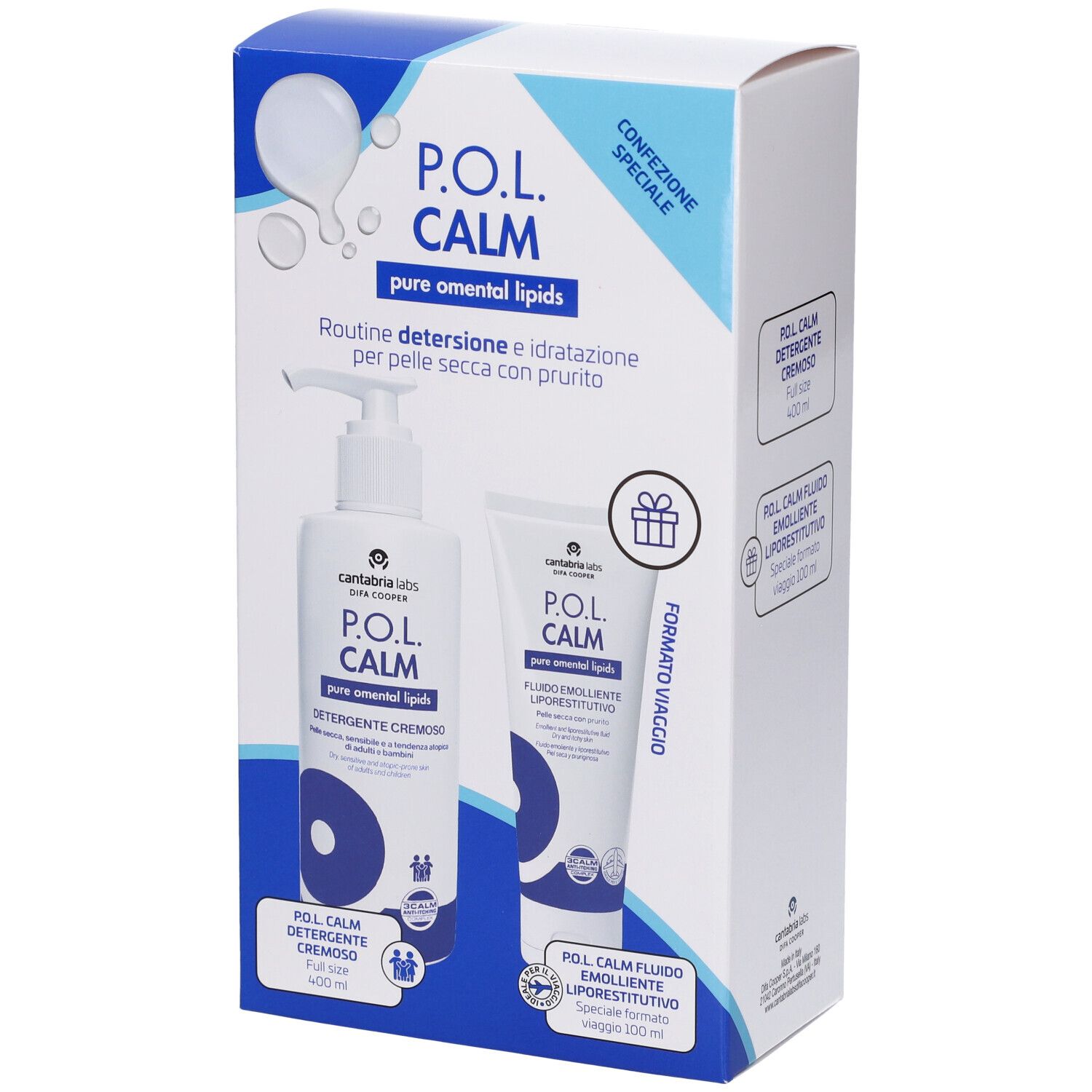 Confezione regalo P.O.L. Calm con Detergente Cremoso e Fluido Emolliente Liporestitutivo. Prodotti e confezione con testo e logo.