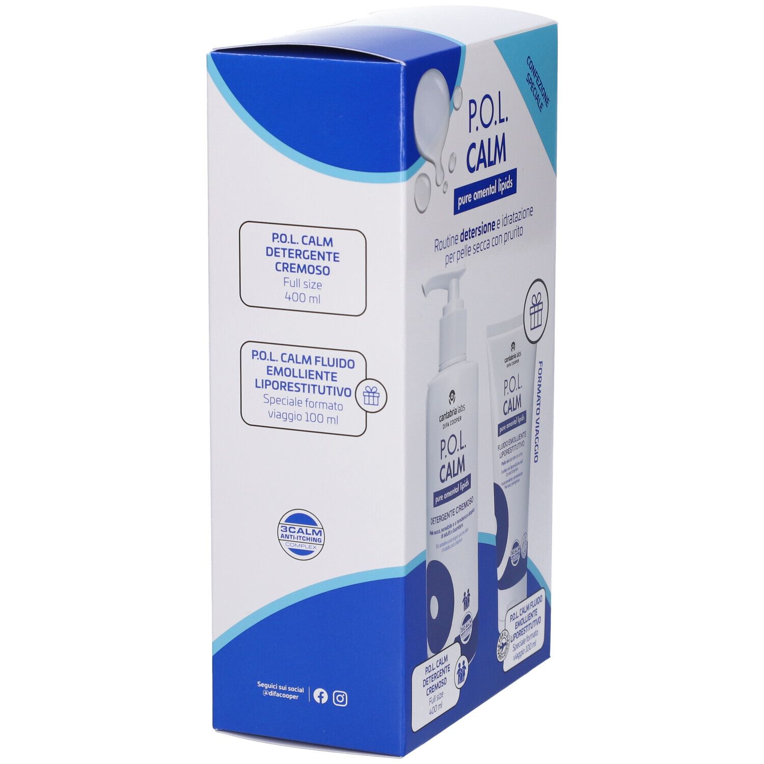 Confezione regalo P.O.L. Calm con Detergente Cremoso e Fluido Emolliente Liporestitutivo. Scatola con testo e logo, vista obliqua.