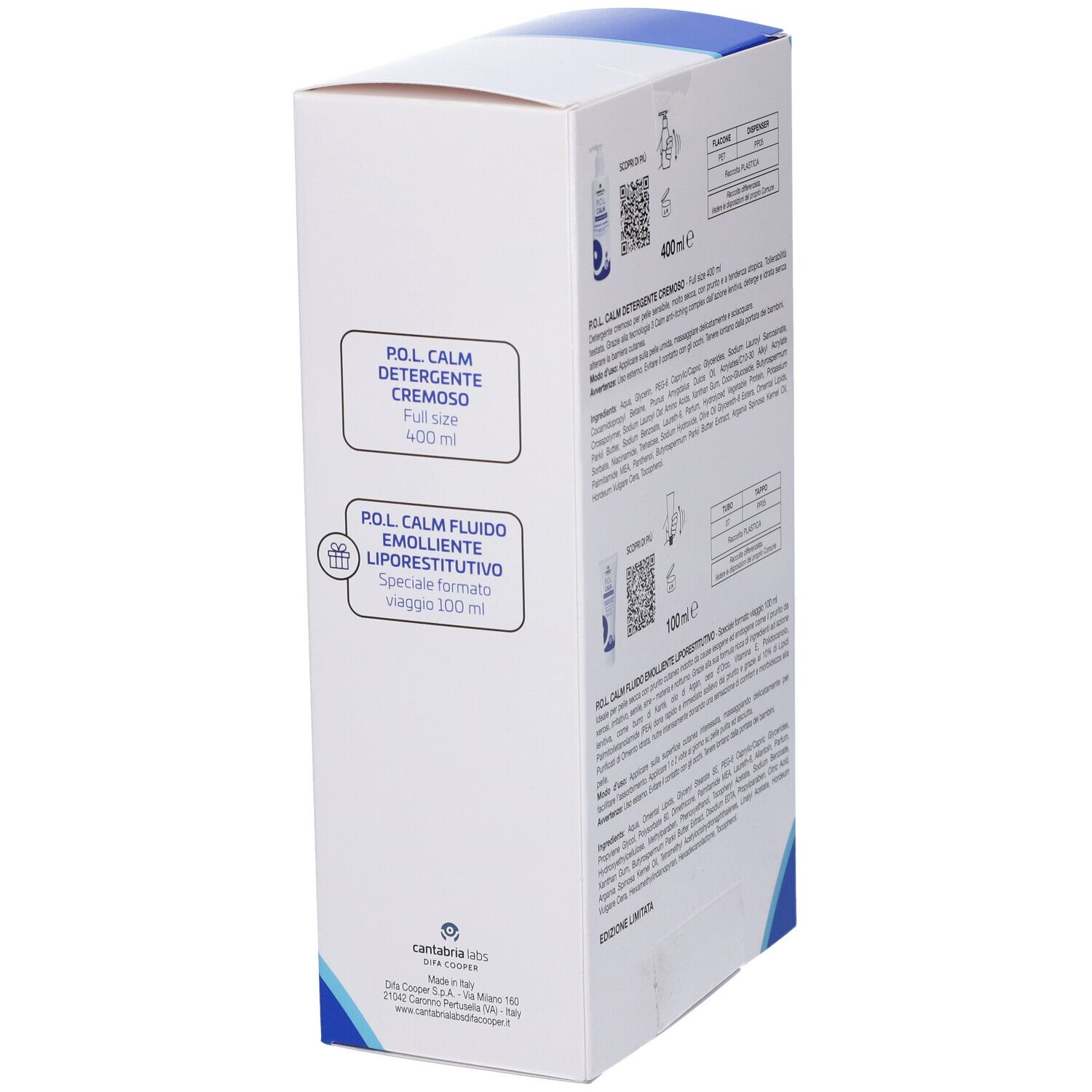 Lato della confezione regalo P.O.L. Calm. Contiene informazioni su Detergente Cremoso e Fluido Emolliente Liporestitutivo.