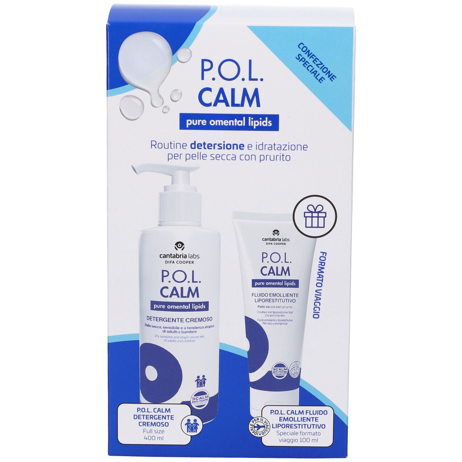 Confezione regalo P.O.L. Calm con Detergente Cremoso e Fluido Emolliente Liporestitutivo. Prodotti e confezione con testo e logo.