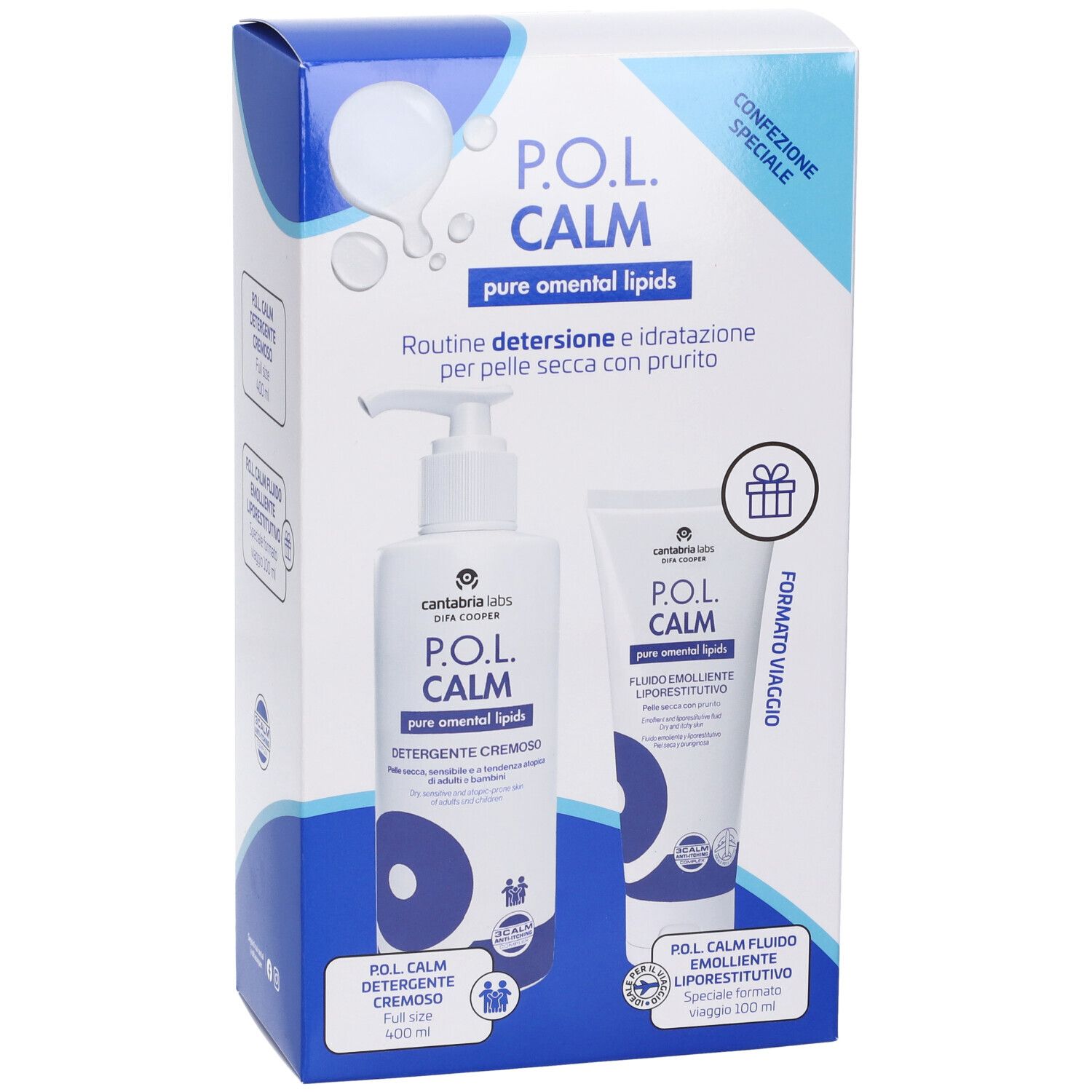 Confezione regalo P.O.L. Calm con Detergente Cremoso e Fluido Emolliente Liporestitutivo. Prodotti e confezione con testo e logo.