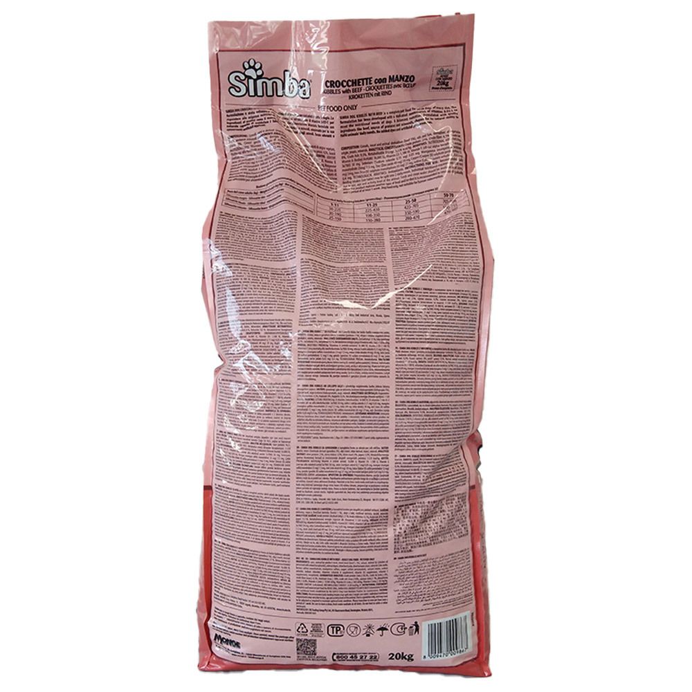 Retro confezione rosa 'Simba Crocchette con Manzo'. Testo e informazioni nutrizionali. '20 kg' in basso.
