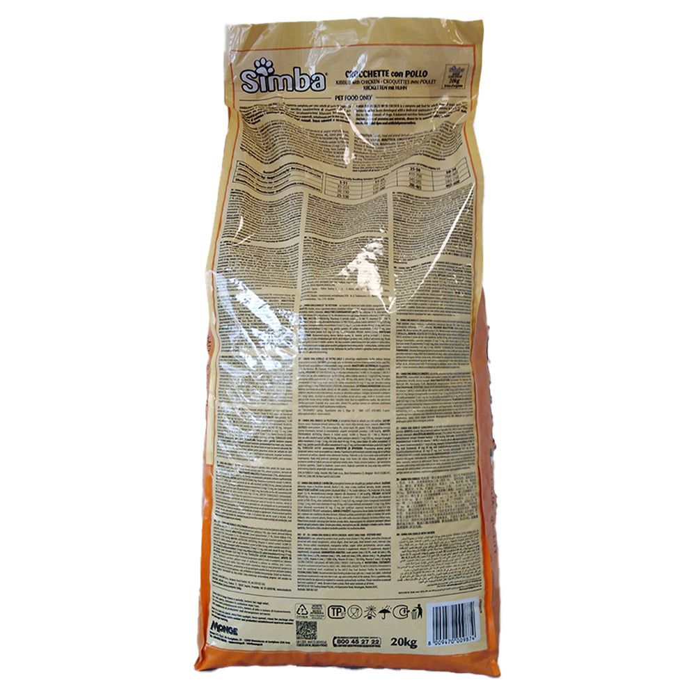 Retro del sacco di cibo per cani. Informazioni testuali. Simba Crocchette con Pollo. 20 kg.
