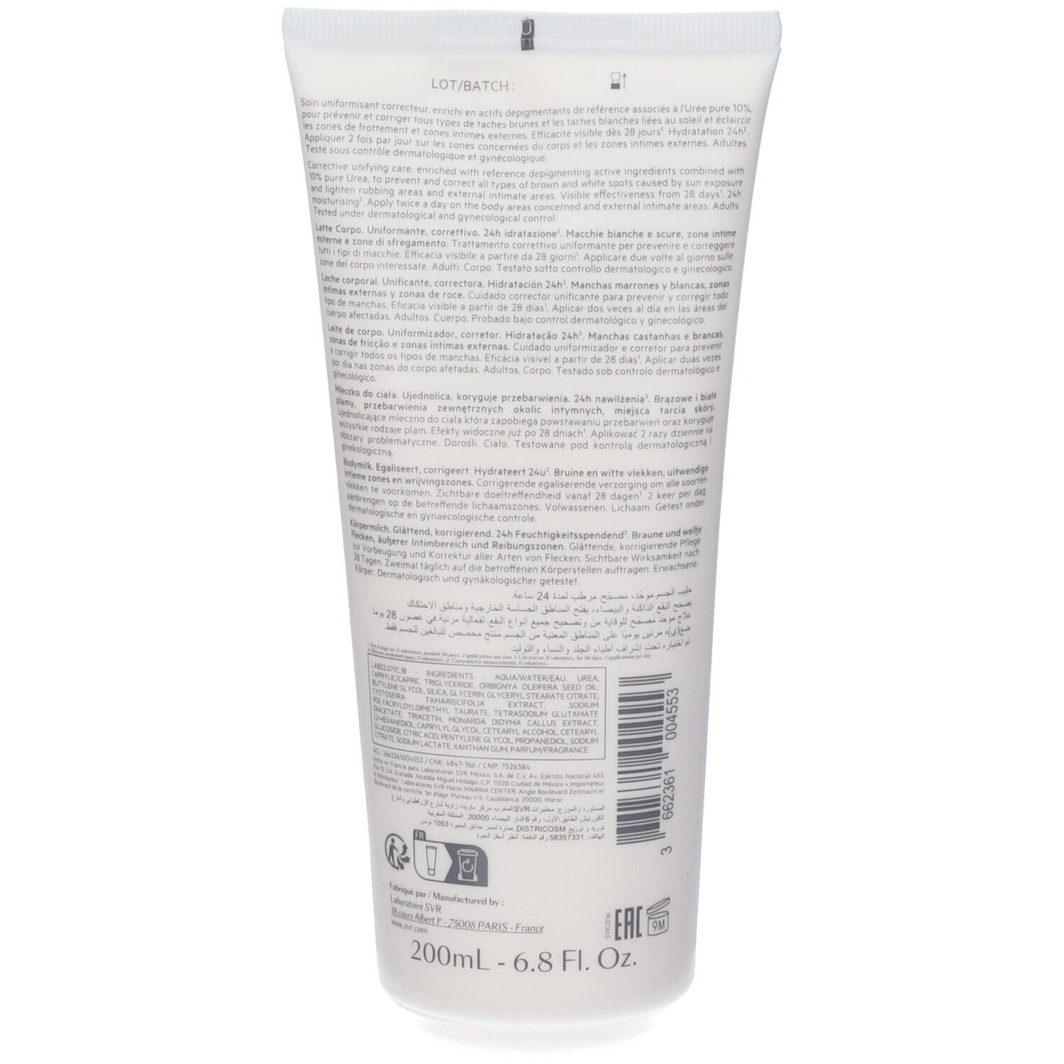 Retro di un tubo bianco. Testo multilingue. Nome prodotto: CLAIRIAL LAIT CORPS. Con informazioni e codice a barre.