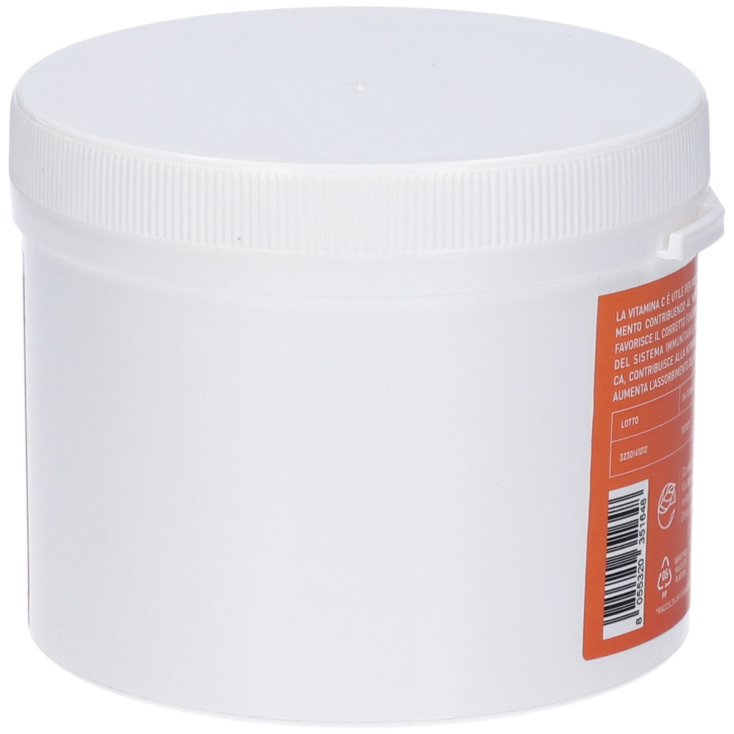 Contenitore bianco con tappo a vite. Vista laterale. Etichetta arancione con testo. Codice a barre.
