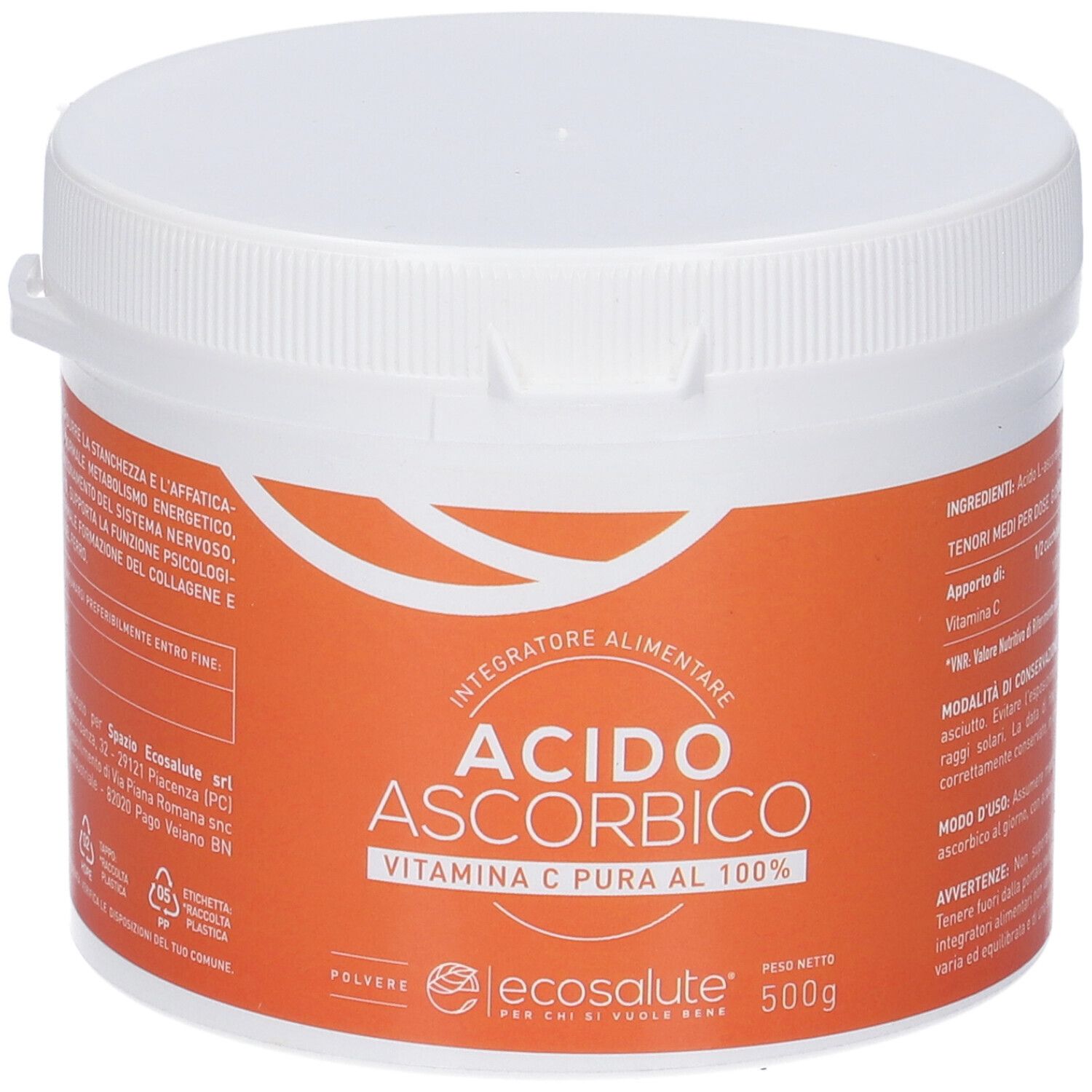 Contenitore bianco con tappo a vite. Etichetta arancione con testo: Acido Ascorbico, Vitamin C pura al 100%. Marchio Ecosalute. 500g.
