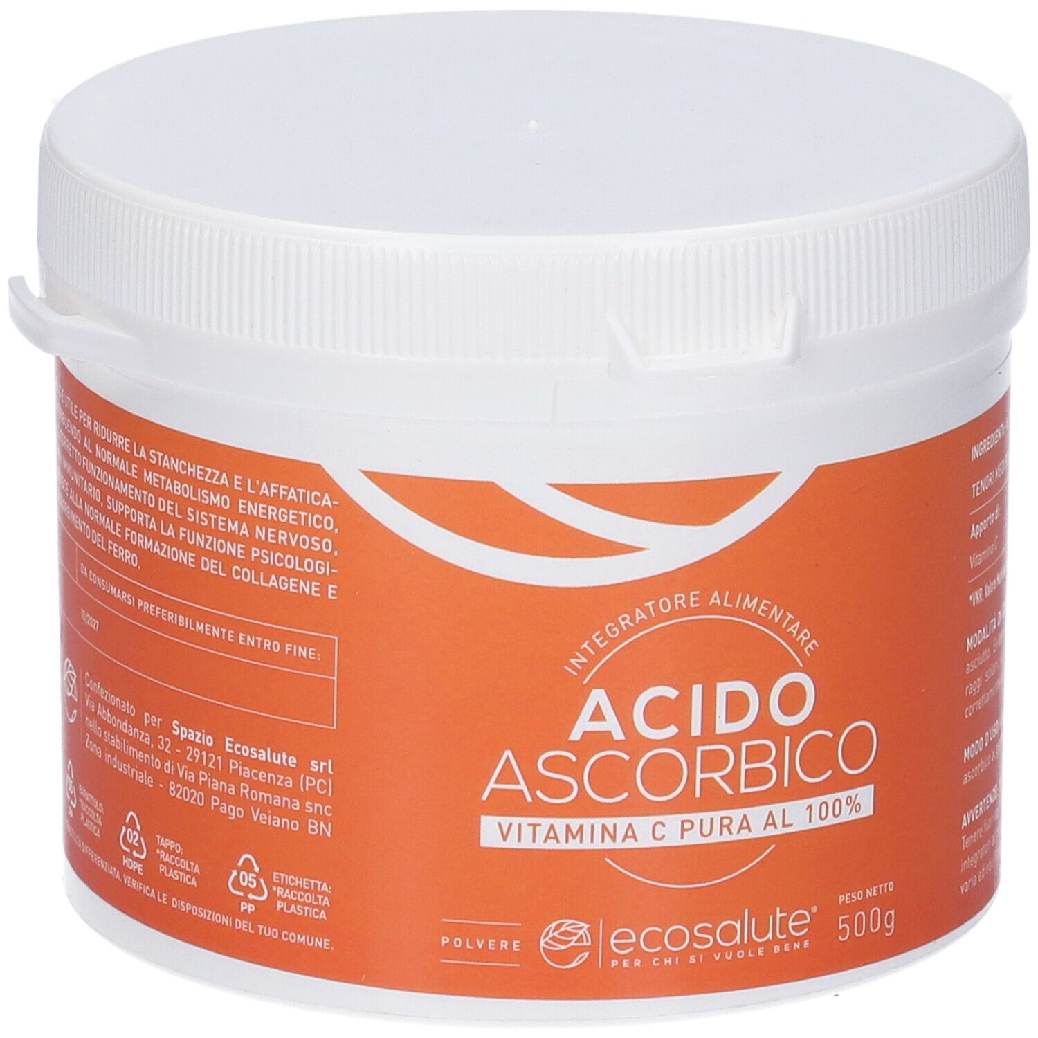 Contenitore bianco con tappo a vite. Etichetta arancione con testo: Acido Ascorbico, Vitamin C pura al 100%. Marchio Ecosalute. 500g.
