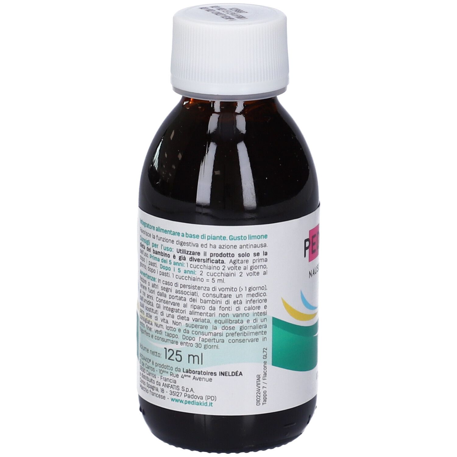 Vista posteriore di una bottiglia di liquido marrone con tappo bianco. Etichetta con testo in italiano.