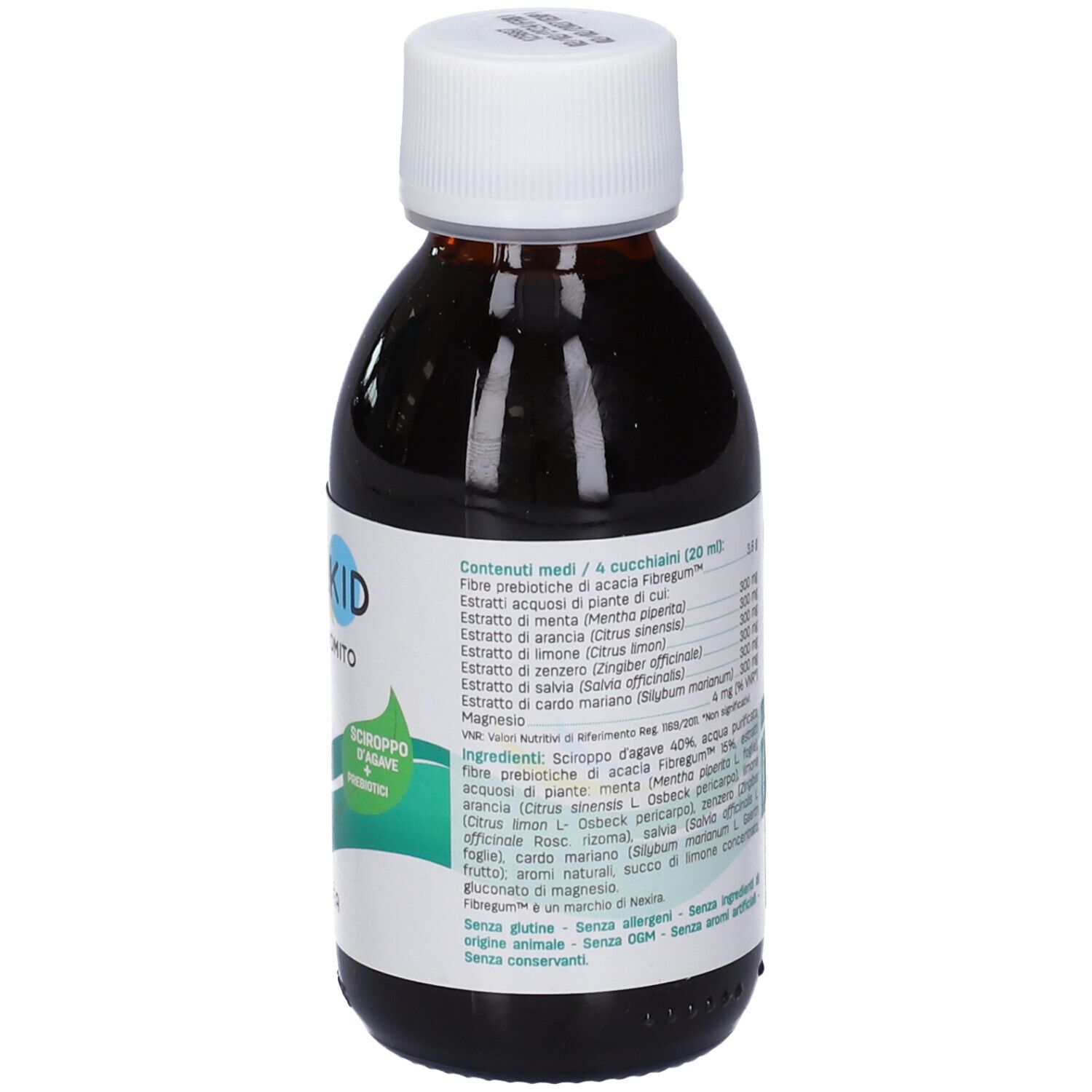 Vista posteriore di una bottiglia con liquido marrone e tappo bianco. Etichetta con ingredienti e testo in italiano.