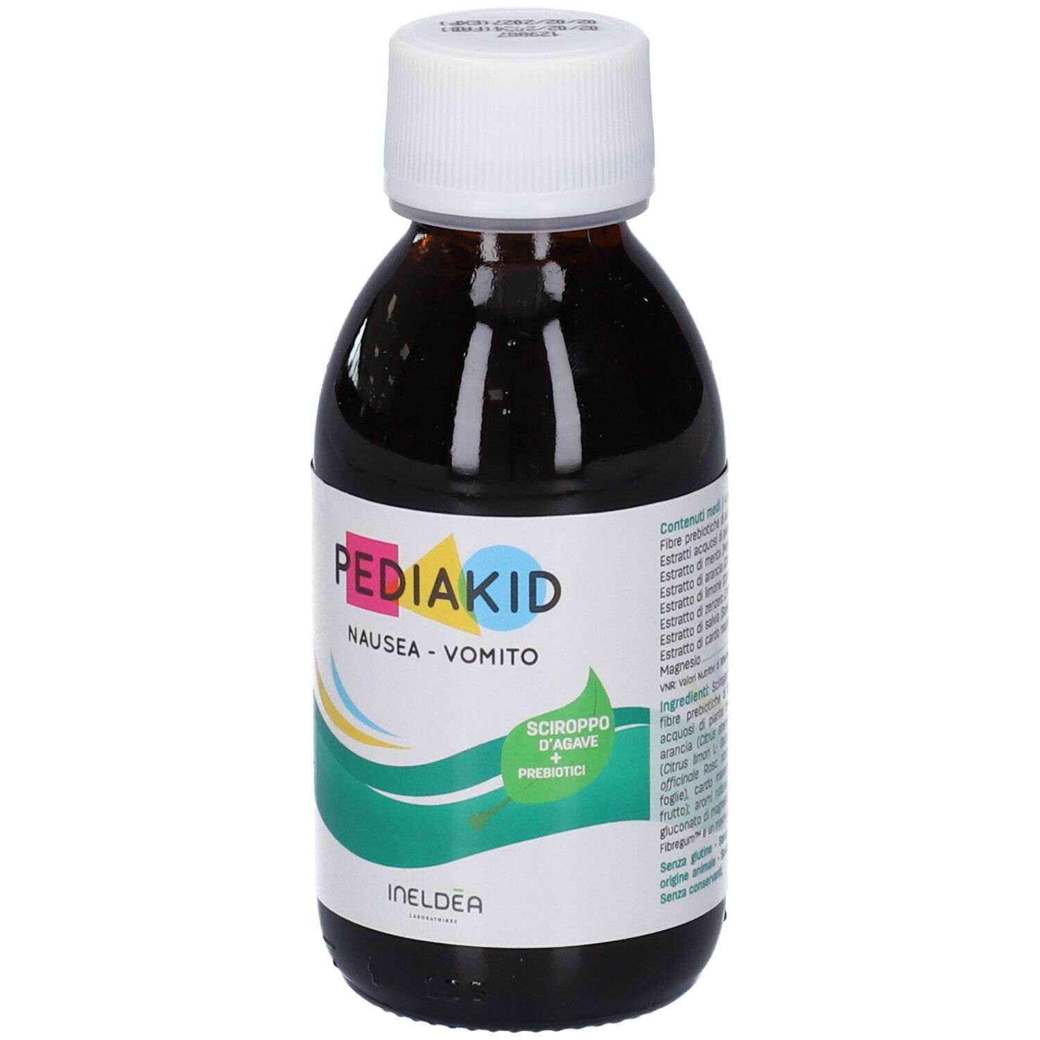 Liquido marrone in bottiglia con tappo bianco. Etichetta con nome prodotto Pediakid, Nausea-Vomito e logo Ineldea.