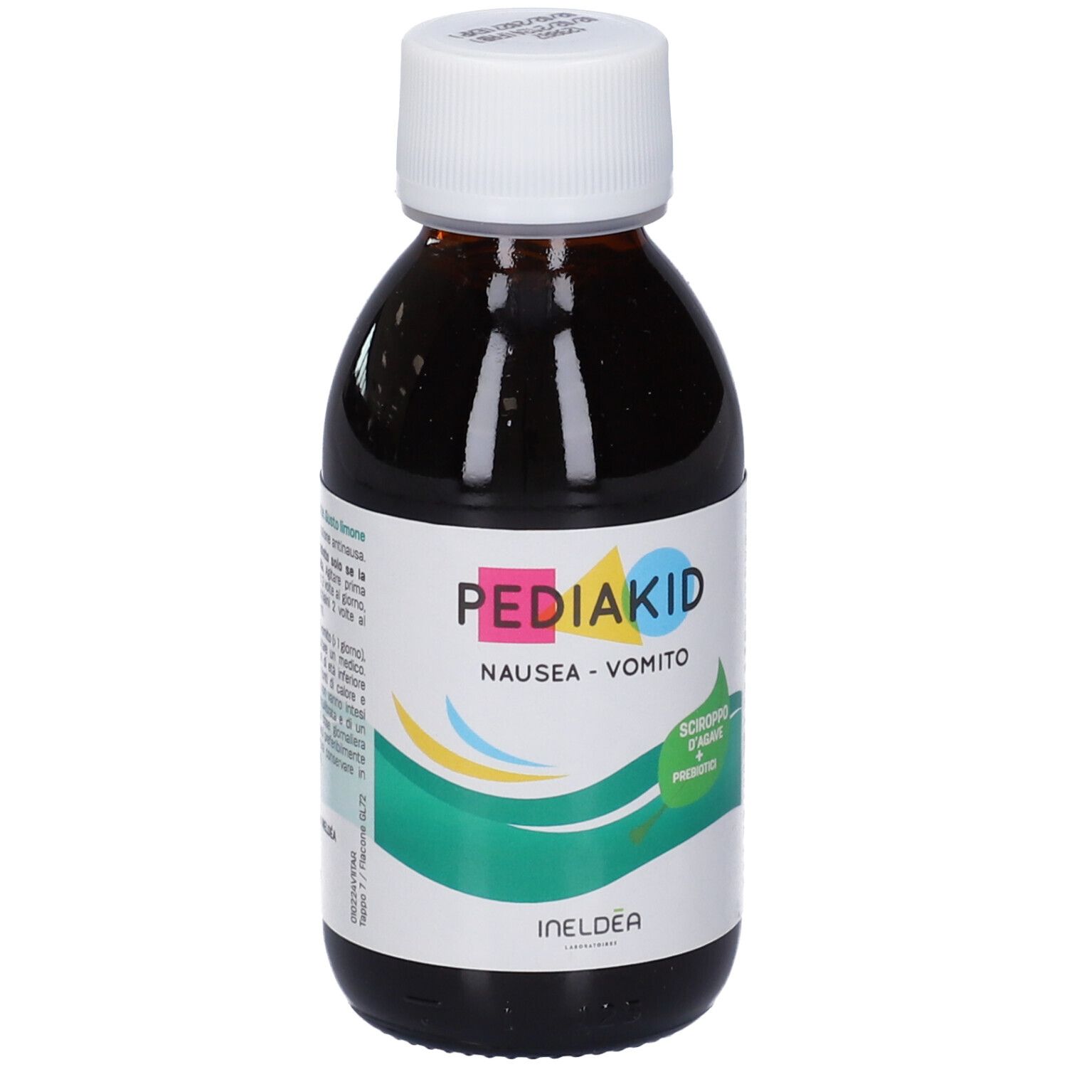 Liquido marrone in bottiglia con tappo bianco. Etichetta con nome prodotto Pediakid, Nausea-Vomito e logo Ineldea.