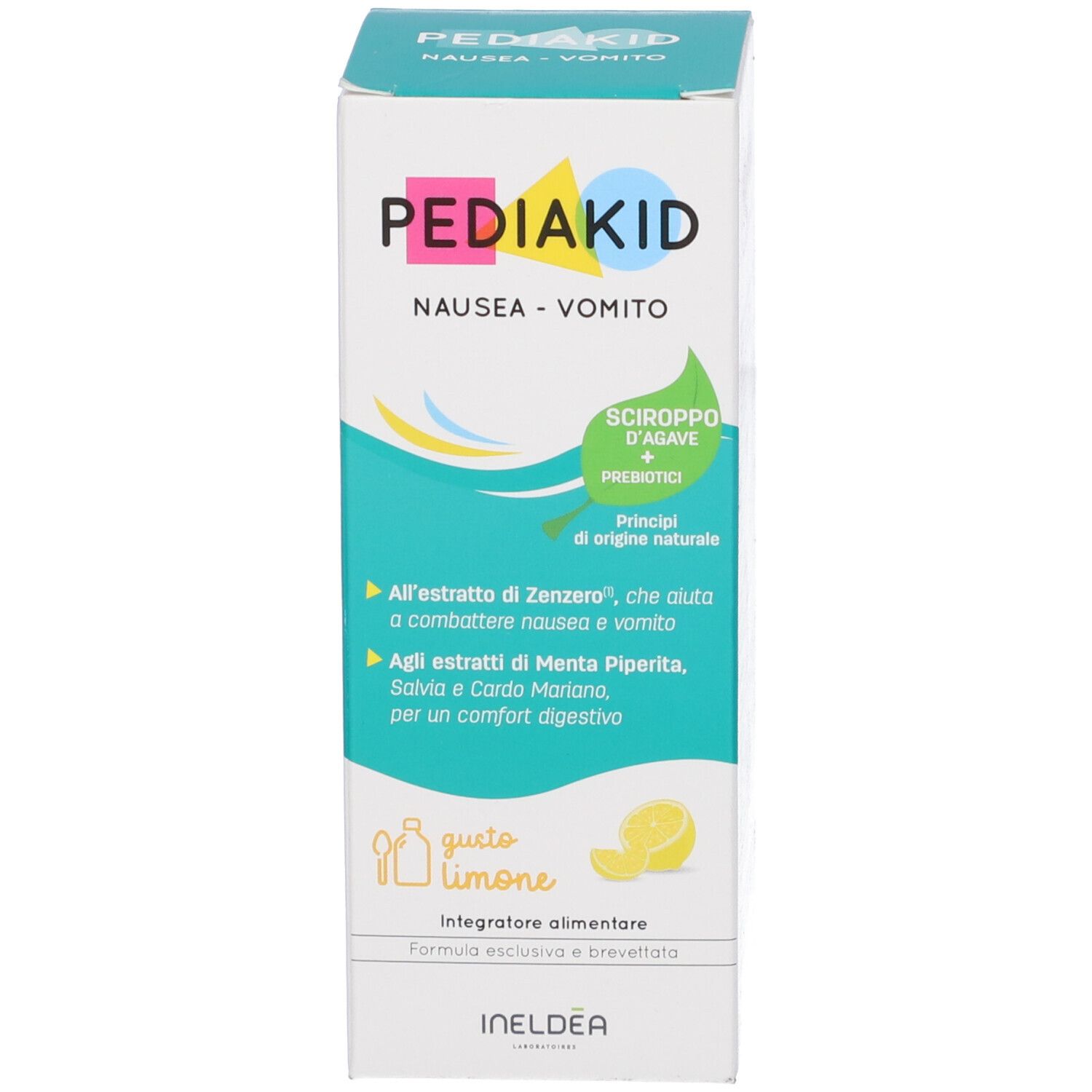 Scatola con nome prodotto Pediakid, Nausea-Vomito. La scatola presenta loghi e testo in italiano.