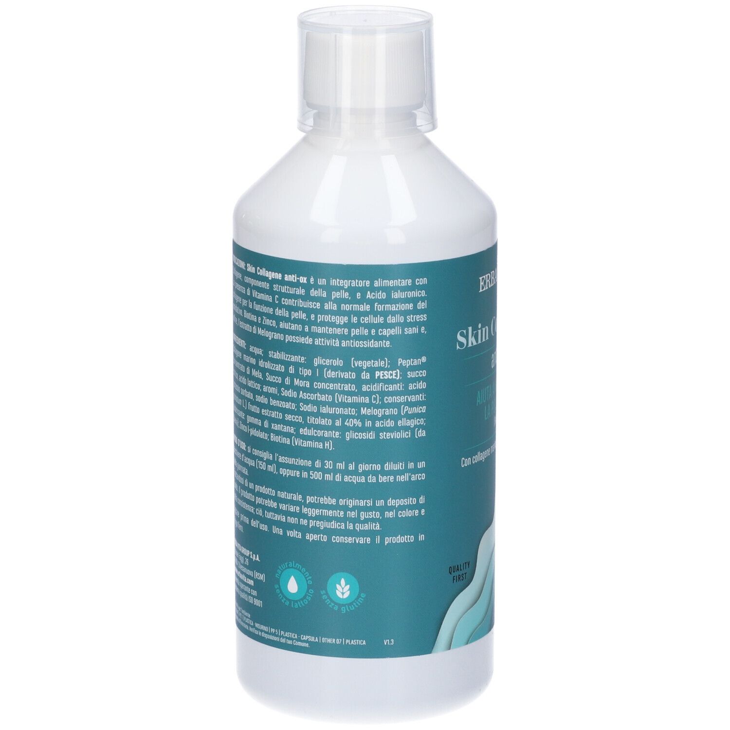 Retro del flacone. Informazioni testuali su ingredienti e utilizzo. Contenitore in plastica bianca.