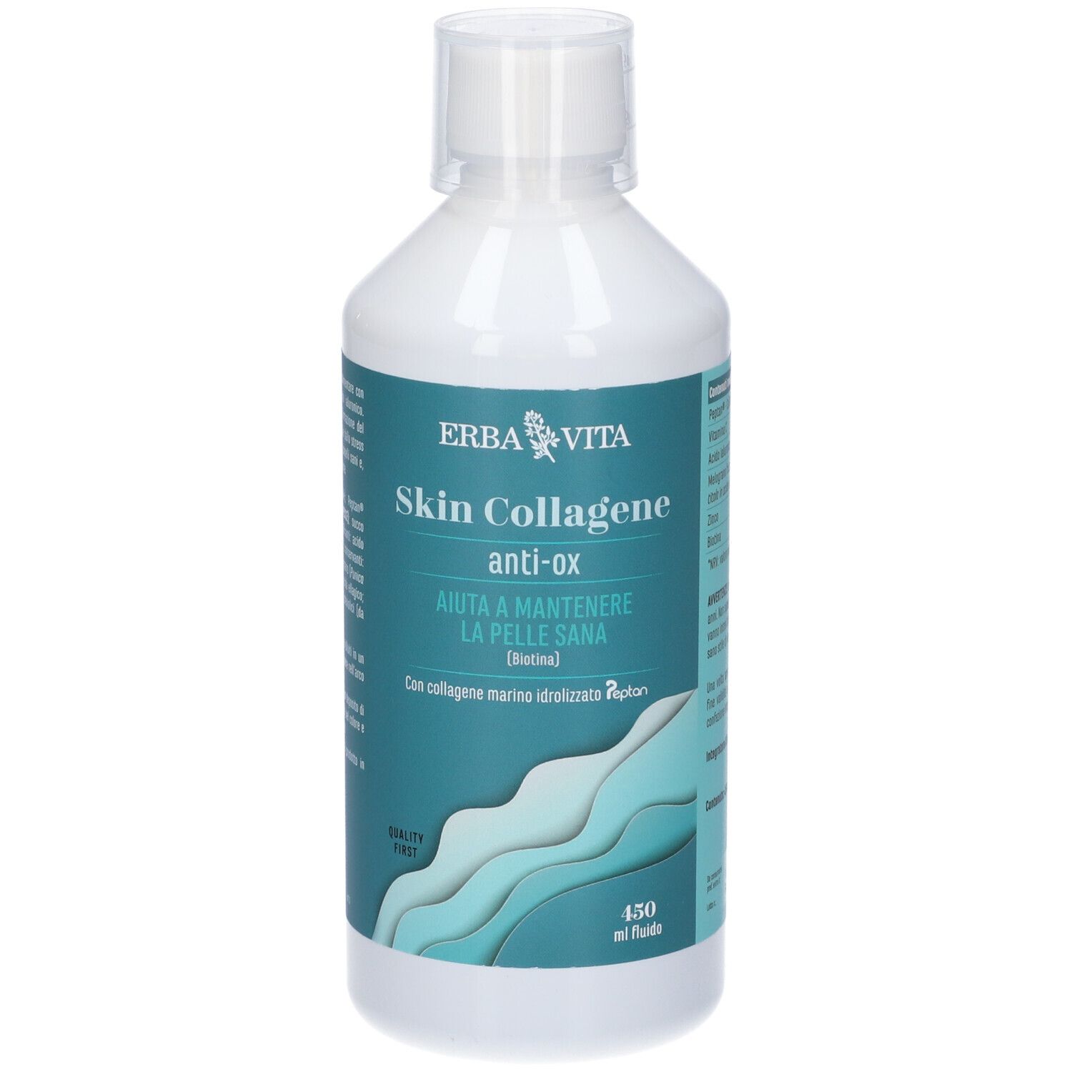 Flacone bianco-blu con etichetta. Scritta: Erba Vita Skin Collagene anti-ox. Contiene 450 ml di liquido.