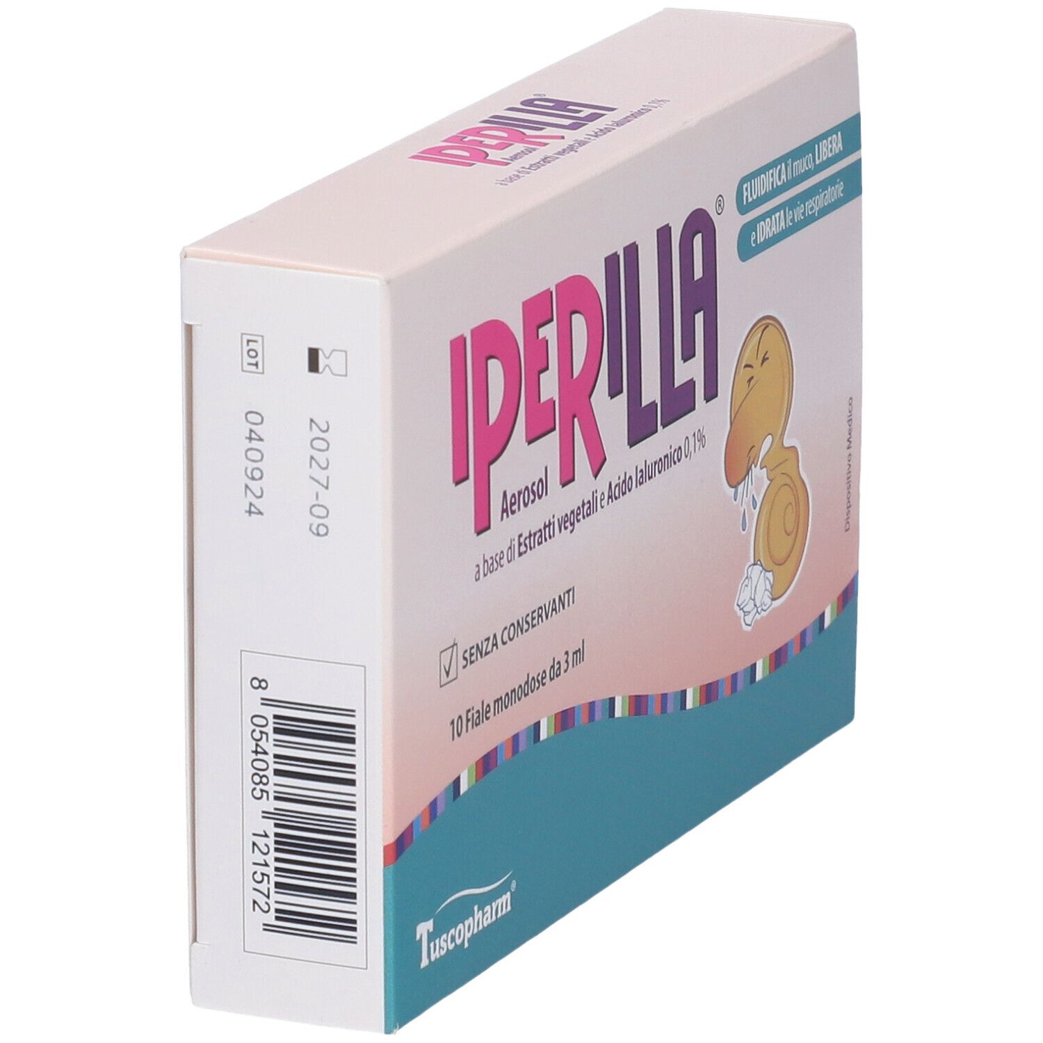 Lato scatola Iperilla Aerosol. Testo e codice a barre. Scadenza 2027-09.