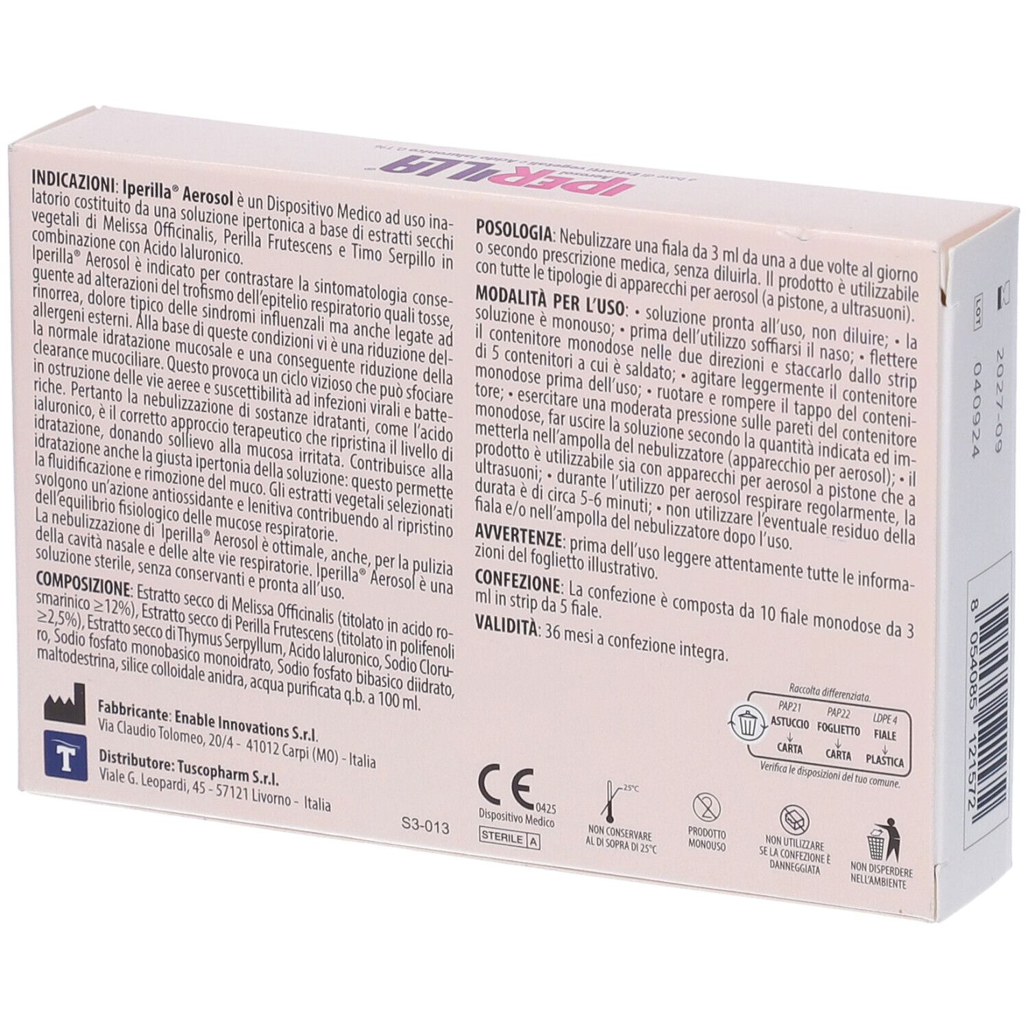 Retro scatola Iperilla Aerosol. Testo con ingredienti e istruzioni. Marchio CE.