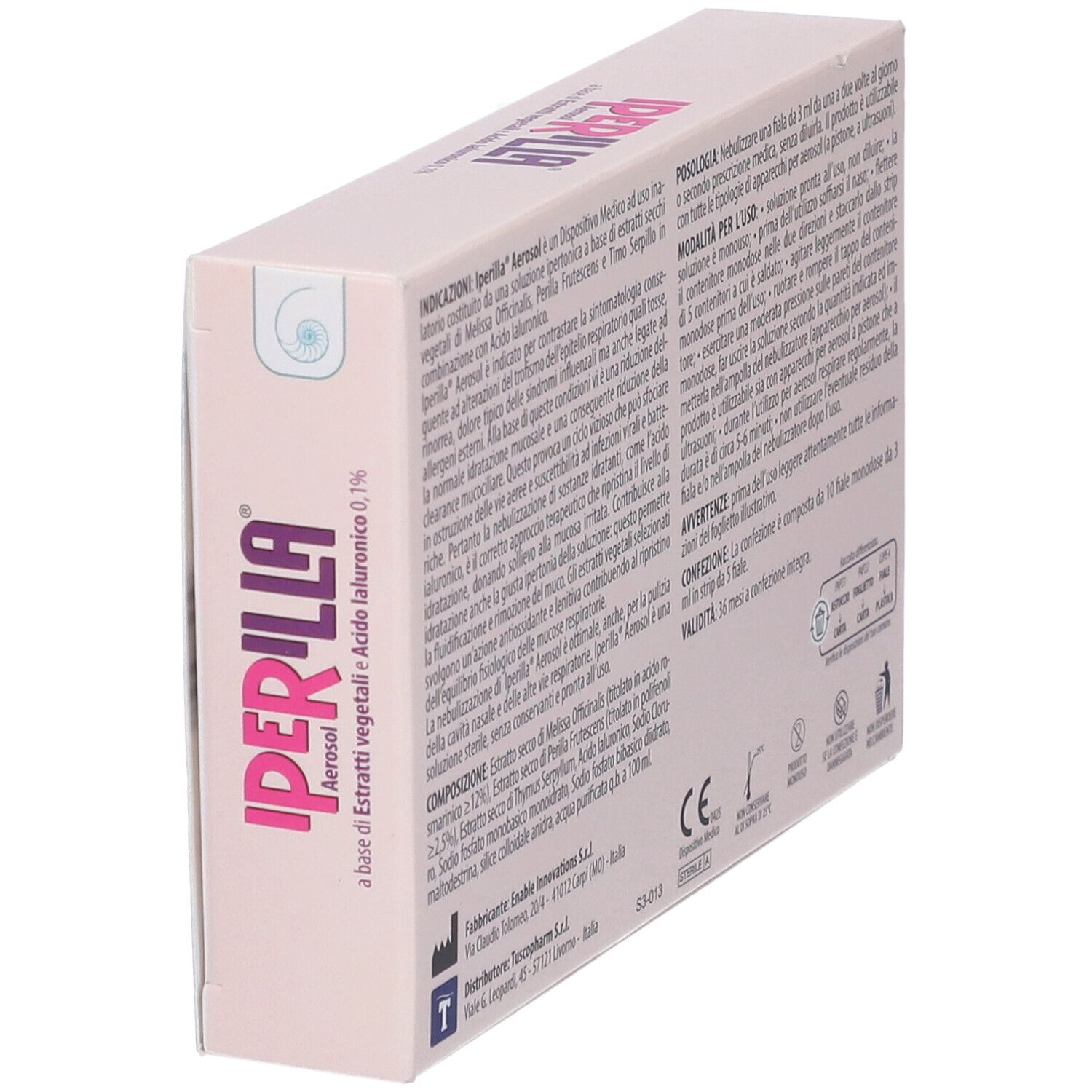 Scatola Iperilla Aerosol, retro. Testo con ingredienti e istruzioni. Marchio CE.