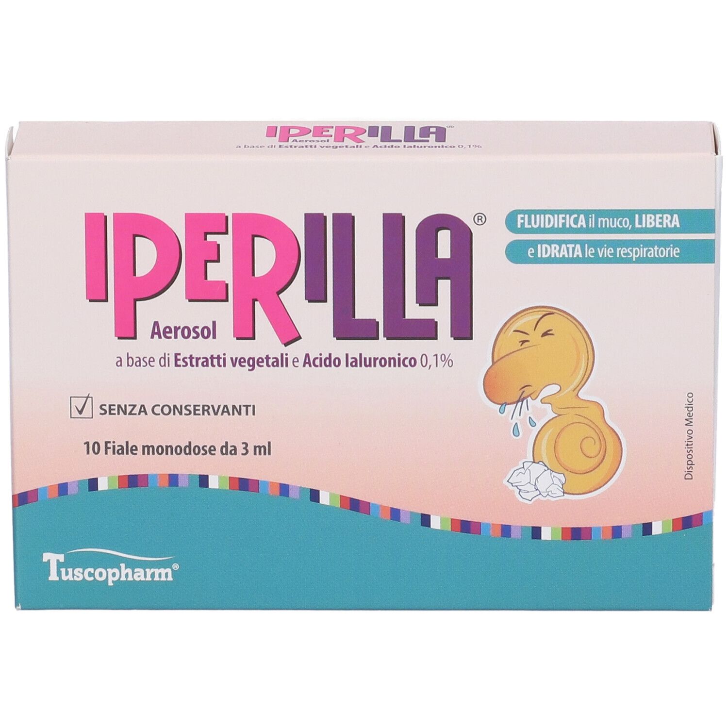 Scatola Iperilla Aerosol. Testo: 10 fiale monodose. Illustrazione di lumaca.