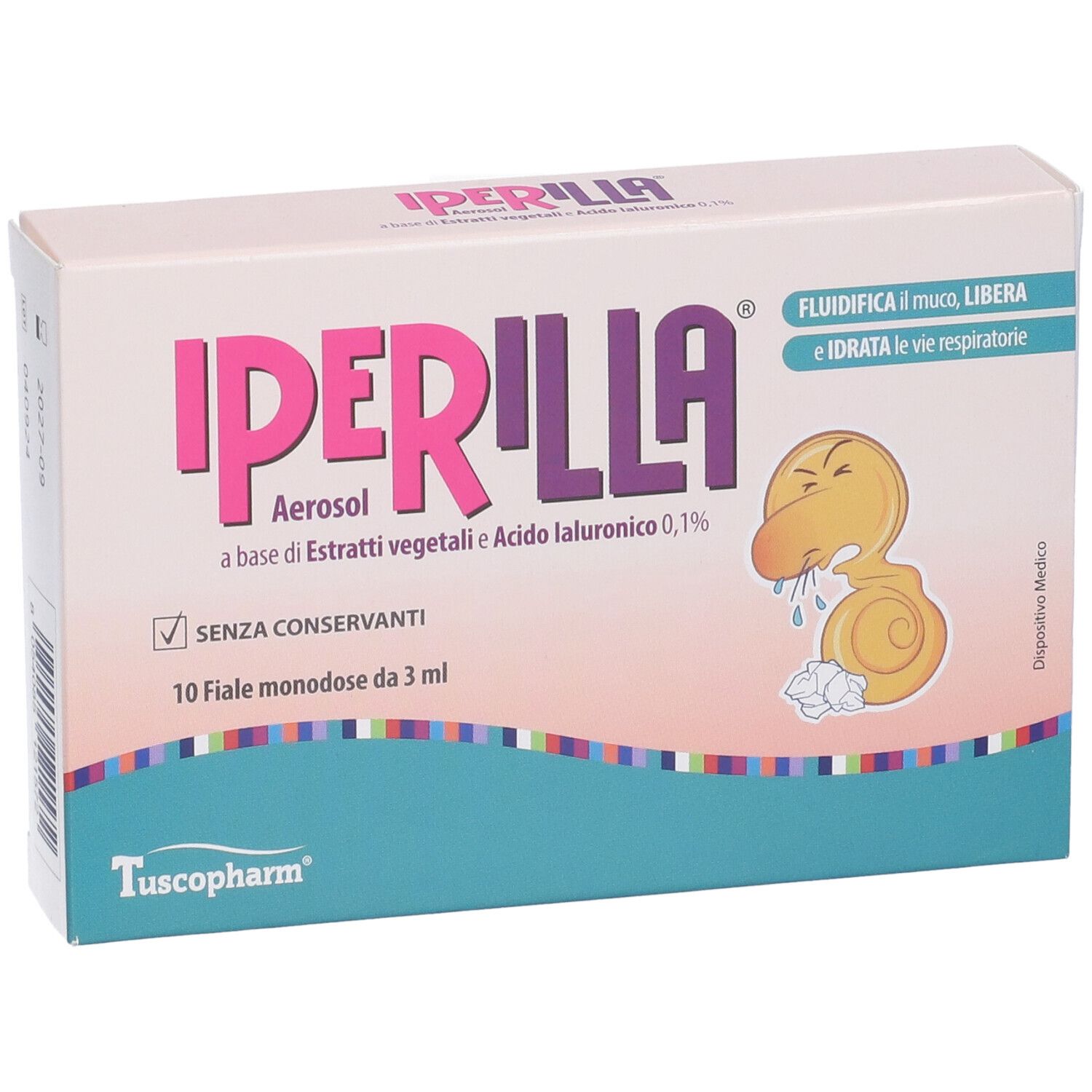 Scatola Iperilla Aerosol. Testo: 10 fiale monodose. Illustrazione di lumaca.