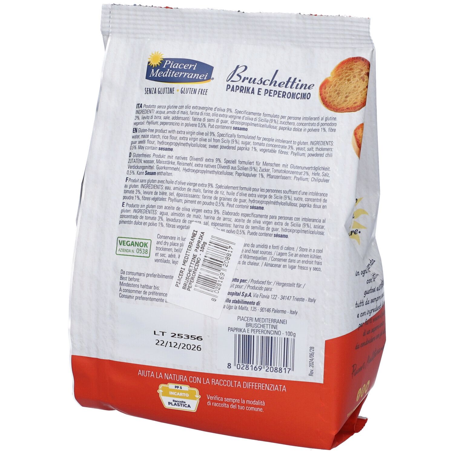 Retro confezione Bruschettine Paprika e Peperoncino. Sacchetto bianco-rosso con testo e logo. Senza glutine.