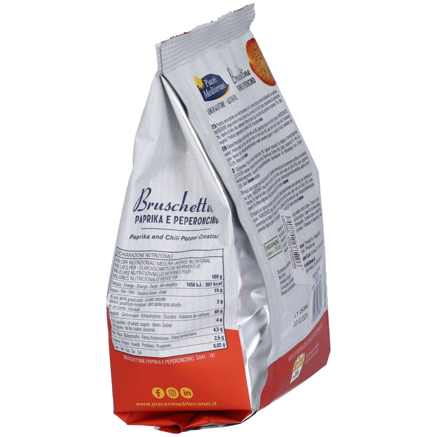 Lato confezione Bruschettine Paprika e Peperoncino. Sacchetto bianco-rosso con testo e logo. Senza glutine.