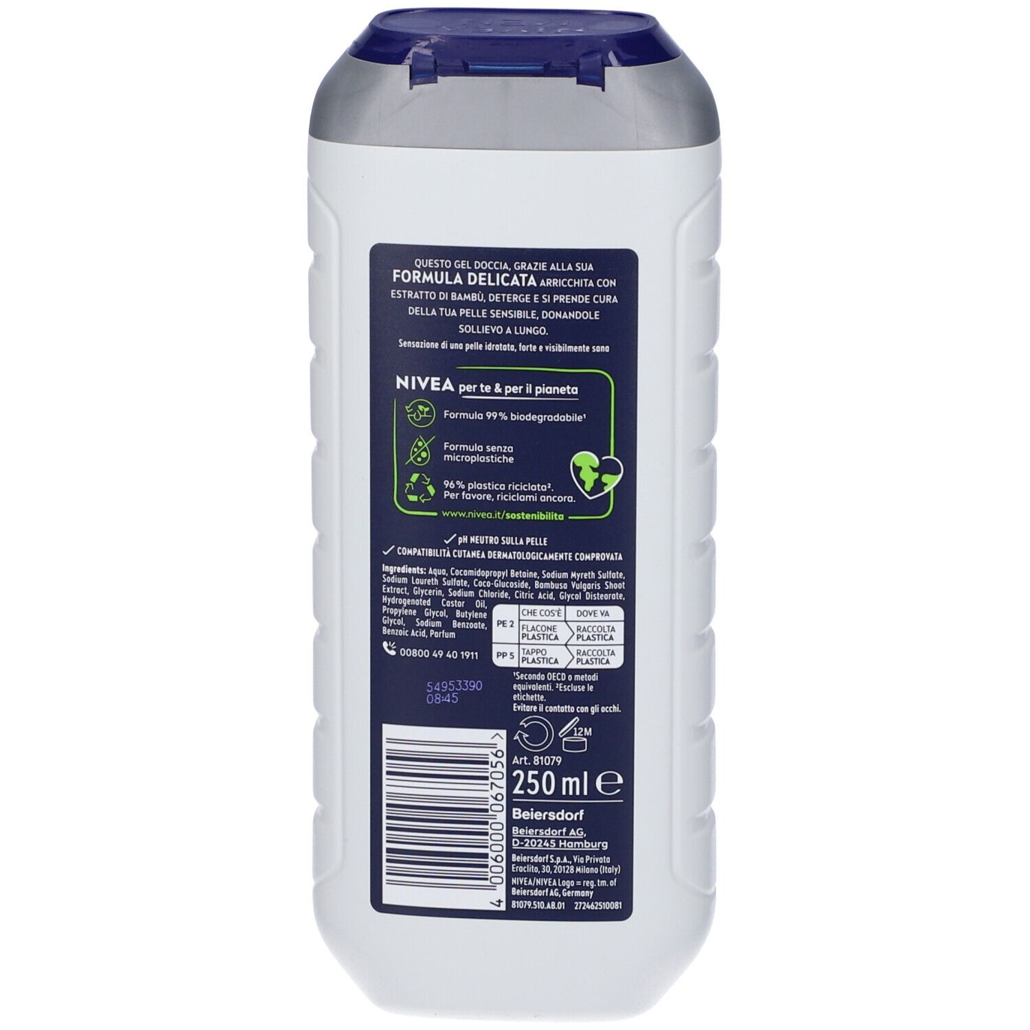 Retro del gel doccia NIVEA MEN SENSITIVE. Informazioni sugli ingredienti e sulla sostenibilità. 250ml.