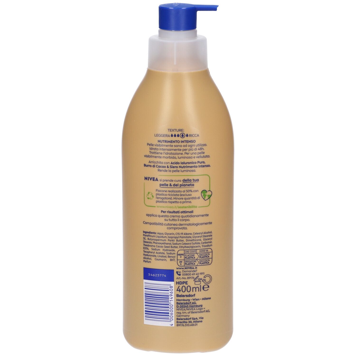 Retro di un flacone di crema corpo beige con informazioni sul prodotto e logo NIVEA. Indicazione 400ml.