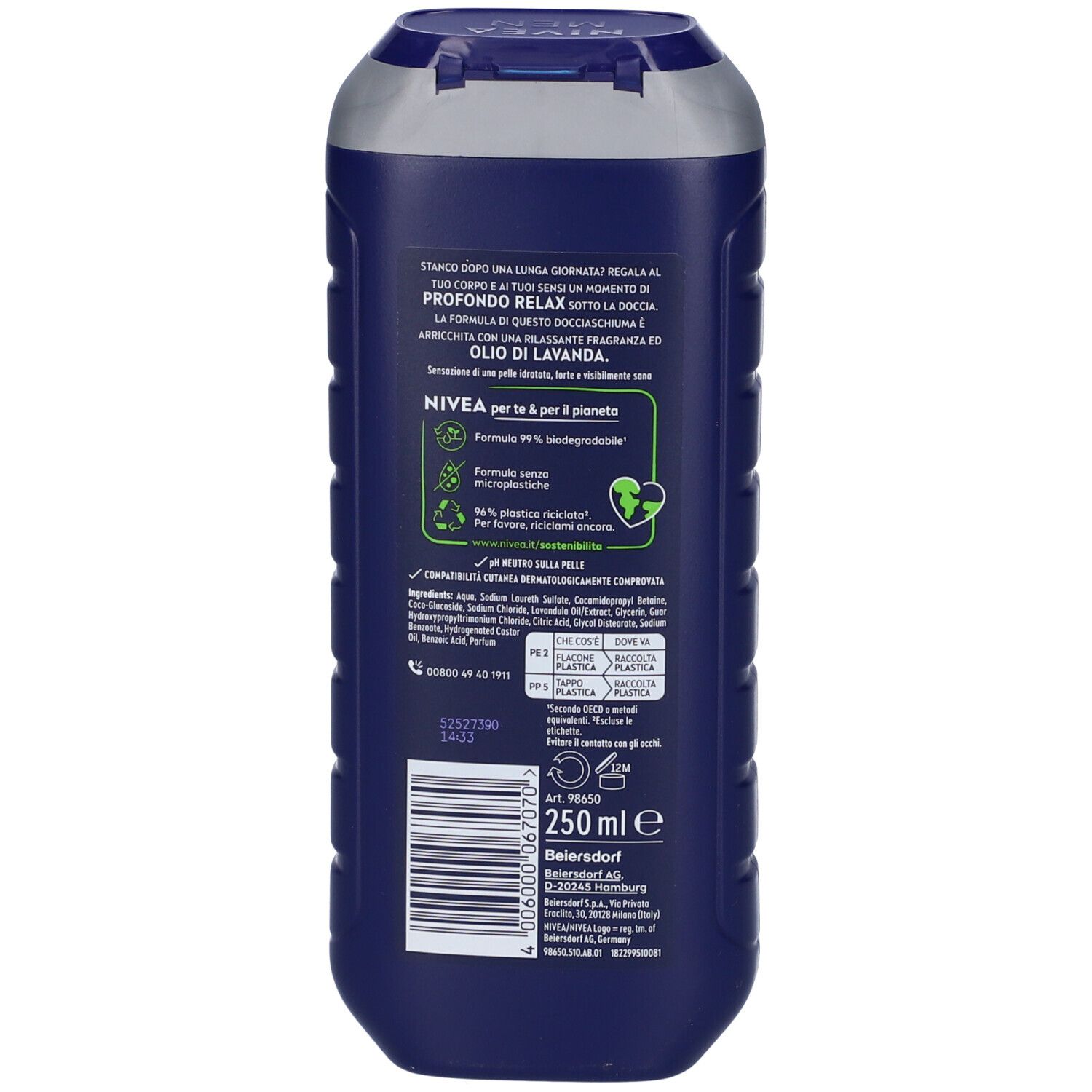 Retro del flacone di gel doccia. Testo sugli ingredienti e la sostenibilità del prodotto. Con codice a barre e indicazione della quantità.