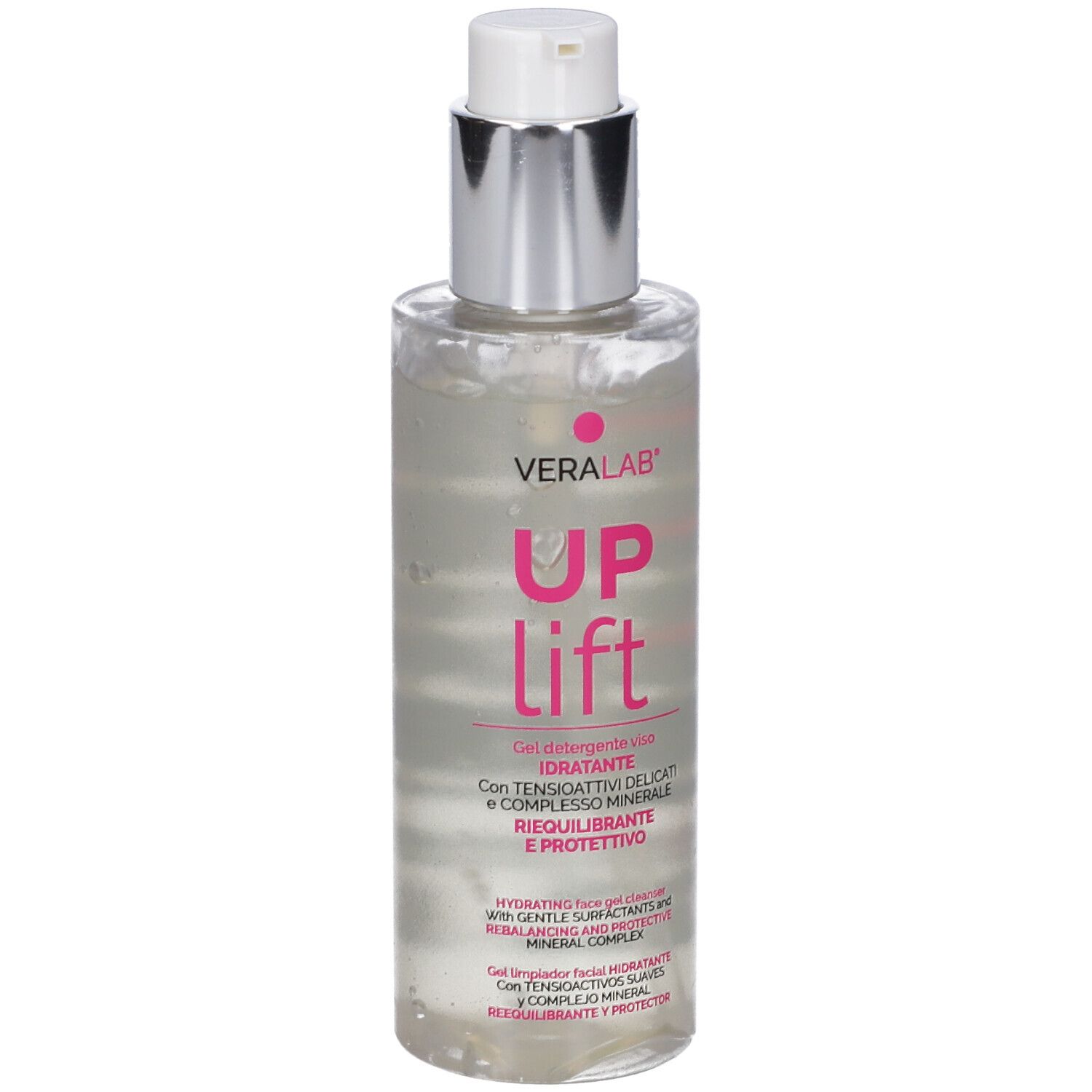 Flacone trasparente con pompa argentata. Nome prodotto: UP lift. Testo sul fronte.