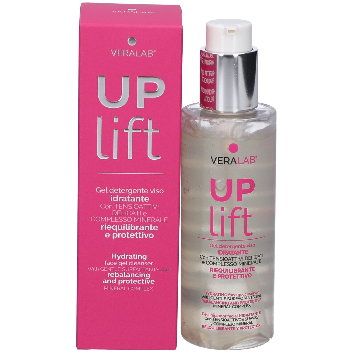 Prodotto e confezione. Confezione rosa con nome prodotto: UP lift. Flacone con pompa.