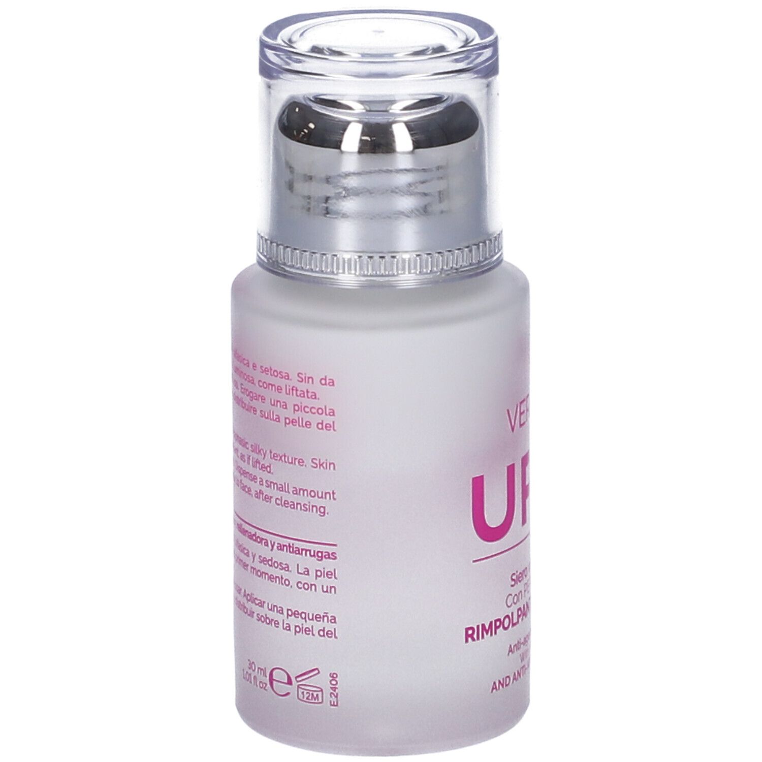Flacone di siero viso. Veralab Uplift, siero anti-età. Con pompa e tappo argentato. Testo sull'etichetta.