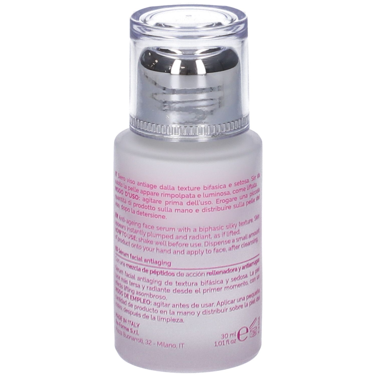 Flacone di siero viso. Veralab Uplift, siero anti-età. Con pompa e tappo argentato. Testo sull'etichetta.