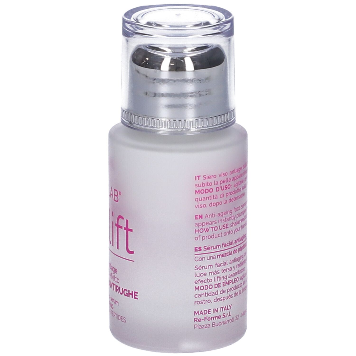 Flacone di siero viso. Veralab Uplift, siero anti-età. Con pompa e tappo argentato. Testo sull'etichetta.