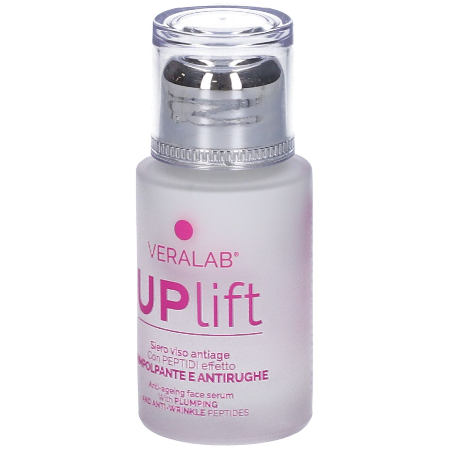 Flacone di siero viso. Veralab Uplift, siero anti-età. Con pompa e tappo argentato. Testo sull'etichetta.