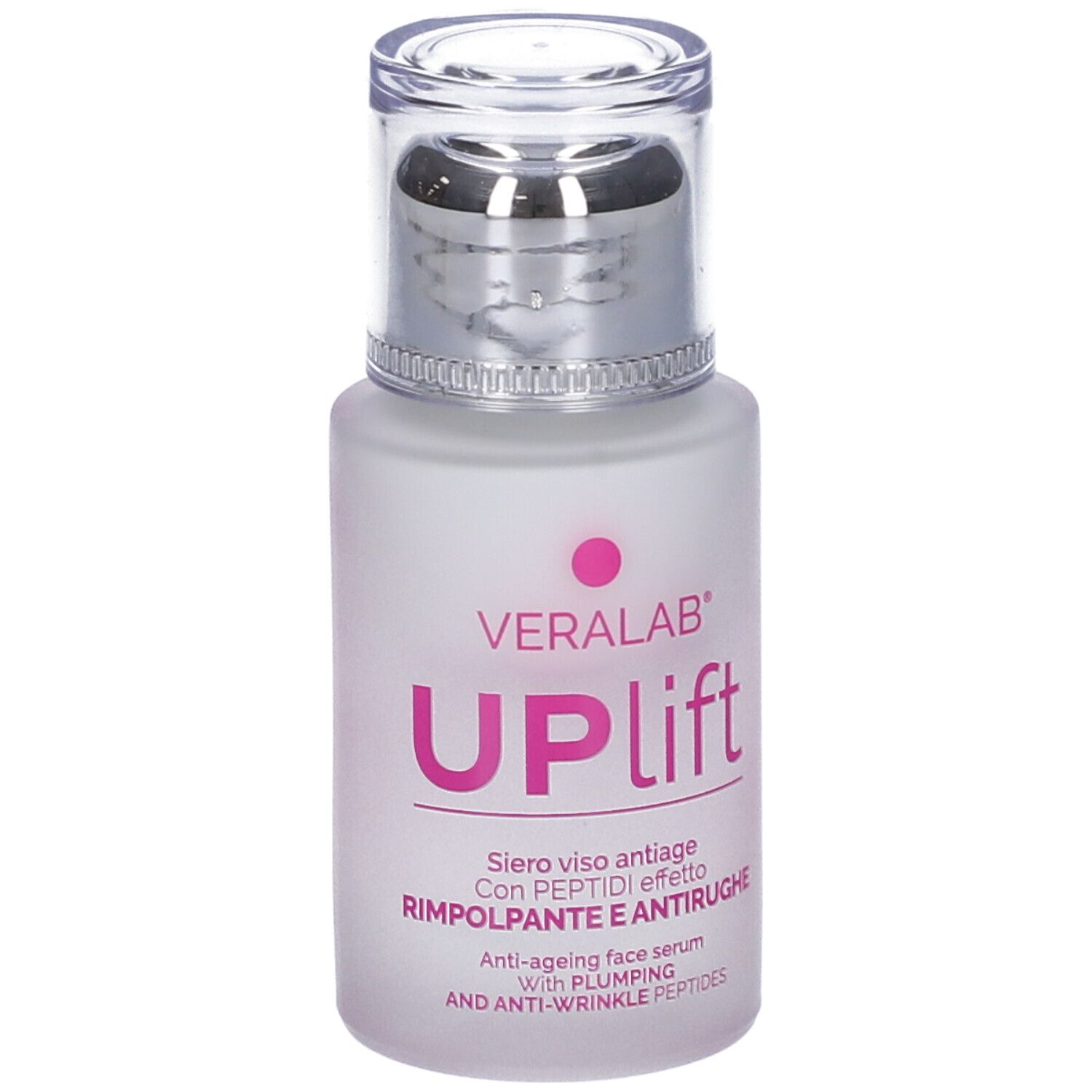 Flacone di siero viso. Veralab Uplift, siero anti-età. Con pompa e tappo argentato. Testo sull'etichetta.