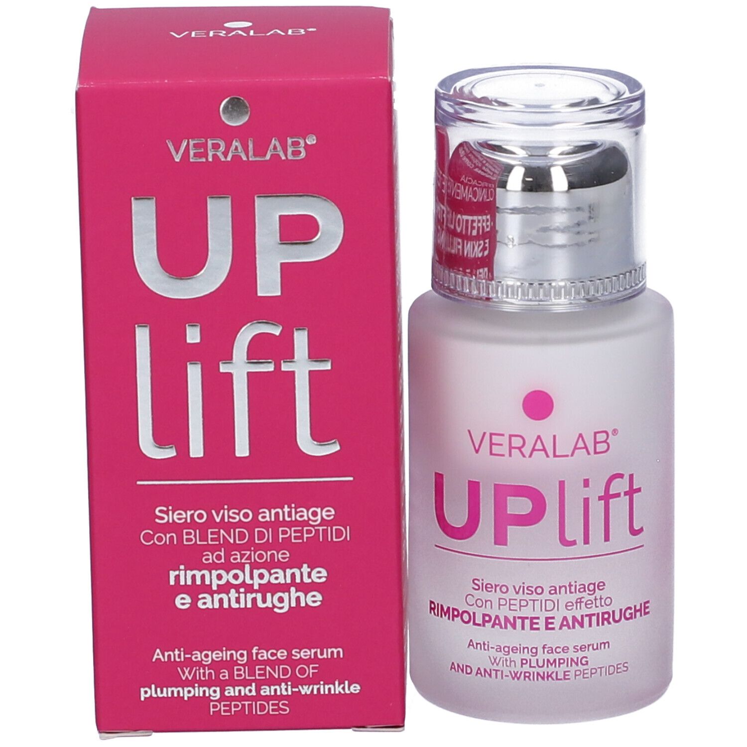 Veralab Uplift siero anti-età e confezione. Scatola rosa e flacone. Con pompa e tappo argentato.