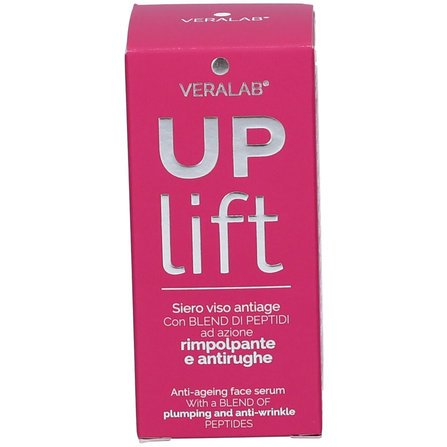 Confezione rosa per il siero anti-età Veralab Uplift. Testo e logo sulla confezione.