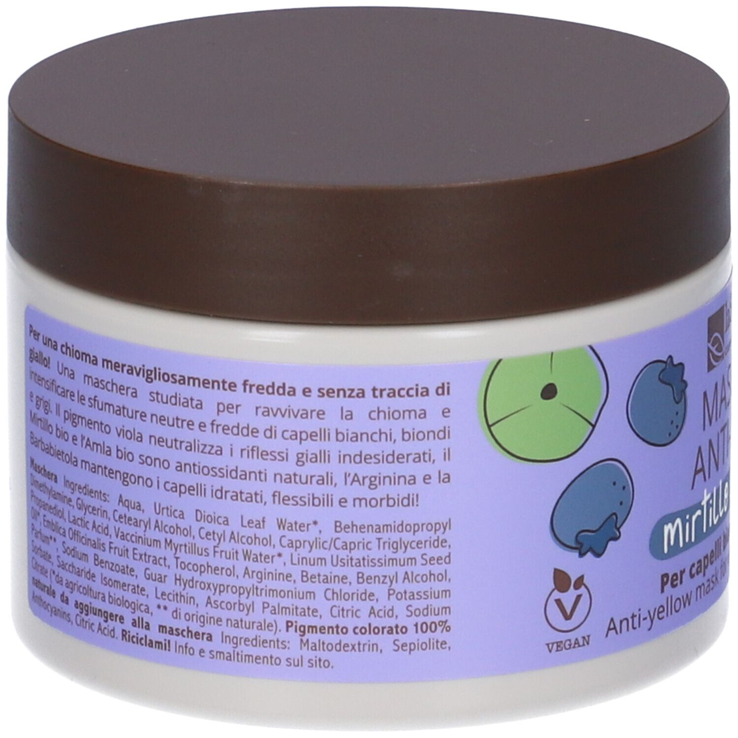 Un barattolo viola per maschera per capelli con coperchio marrone. Contiene una maschera anti-giallo con illustrazioni di mirtilli.