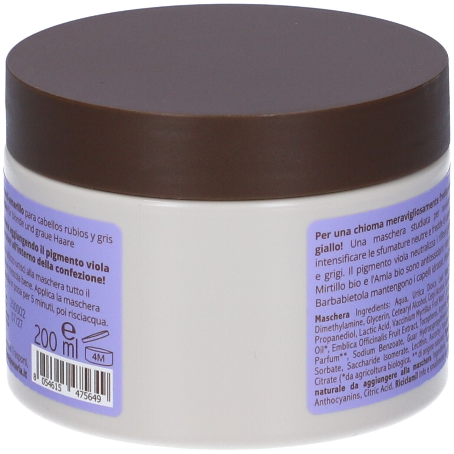 Vasetto bianco con tappo marrone, maschera per capelli 200 ml.