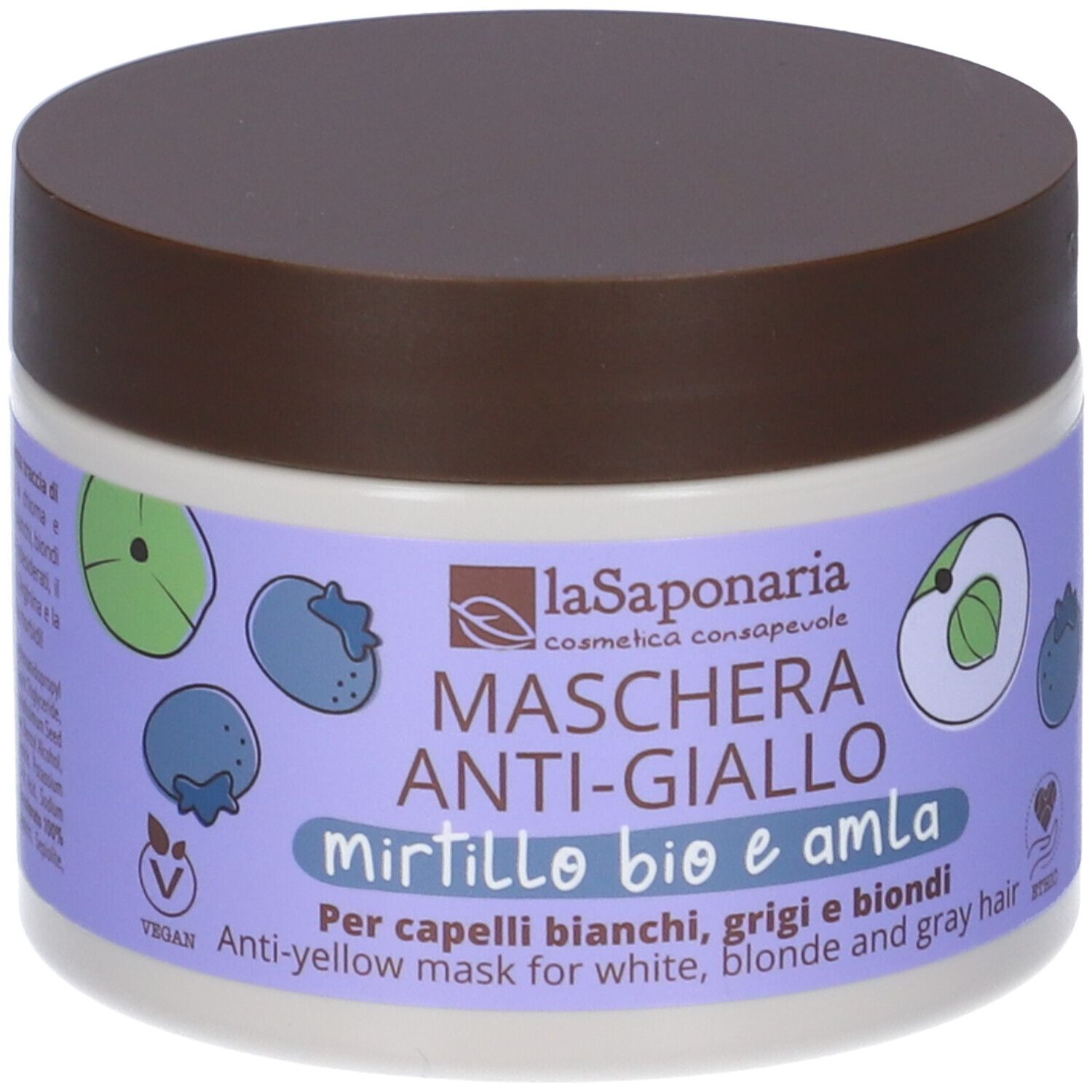 La Saponaria Maschera Anti-Giallo con mirtillo e amla per capelli bianchi, grigi e biondi.
